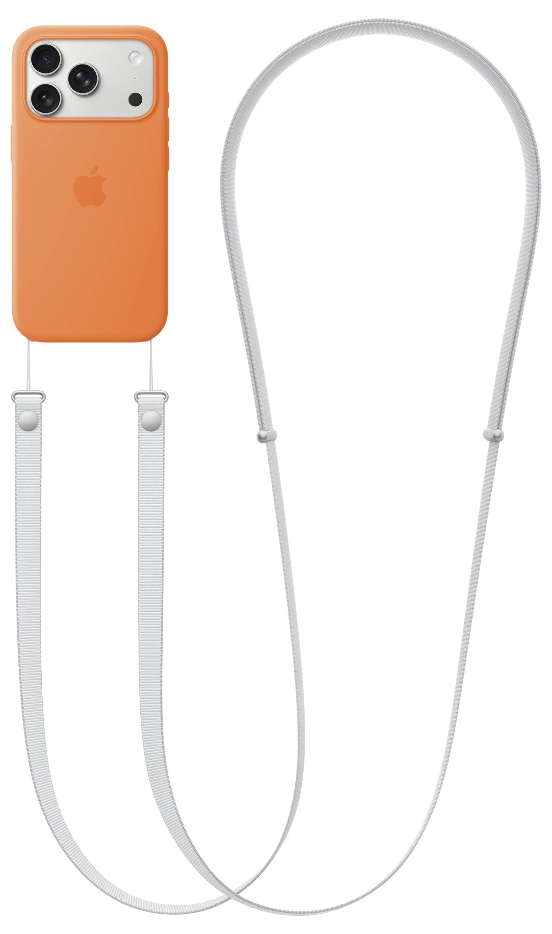 Orangefarbene Handyhülle auf einem Smartphone mit drei Kameras, befestigt an einem langen weißen Trageriemen, der um den Hals getragen werden kann.