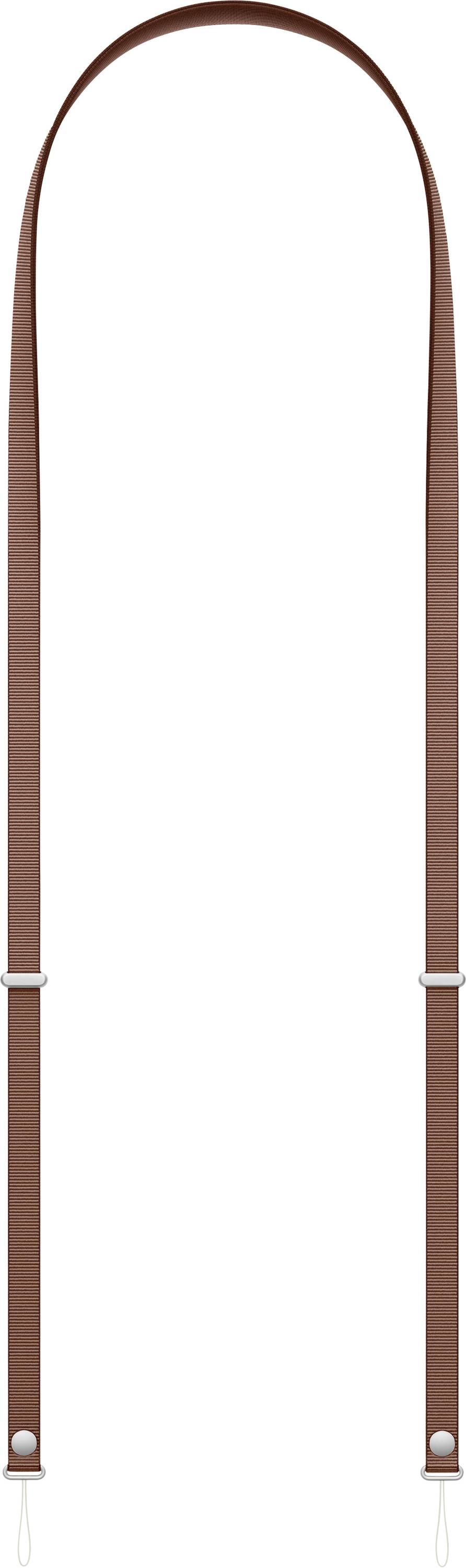 Ein brauner Lederriemen einer Tasche mit silbernen Schnallen und verstellbarer Länge, von vorne betrachtet.