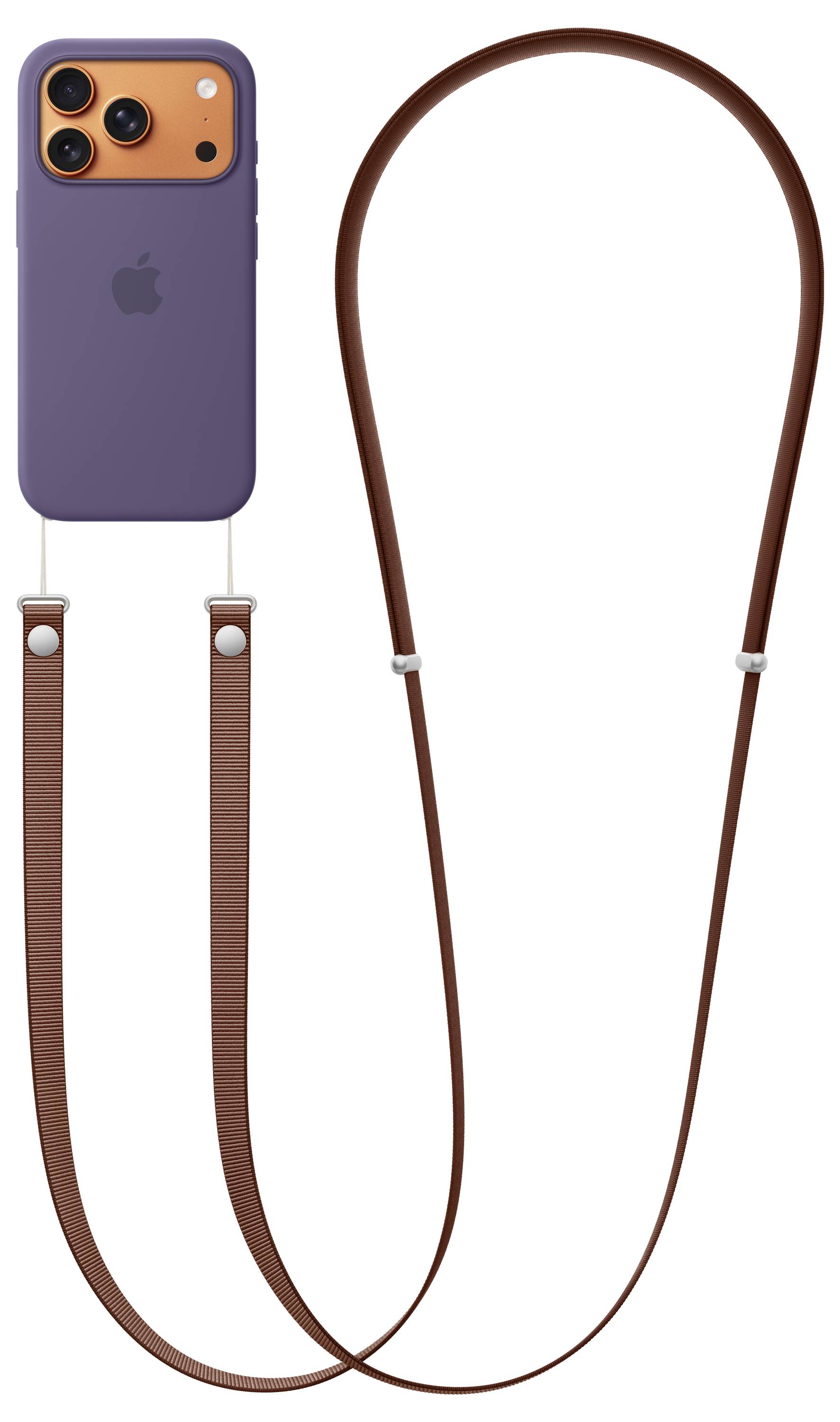 Ein lila und orangefarbenes Smartphone mit dem Apple-Logo ist an einer langen, braunen Lederschnur befestigt und wird vor einem einfarbigen Hintergrund gezeigt.