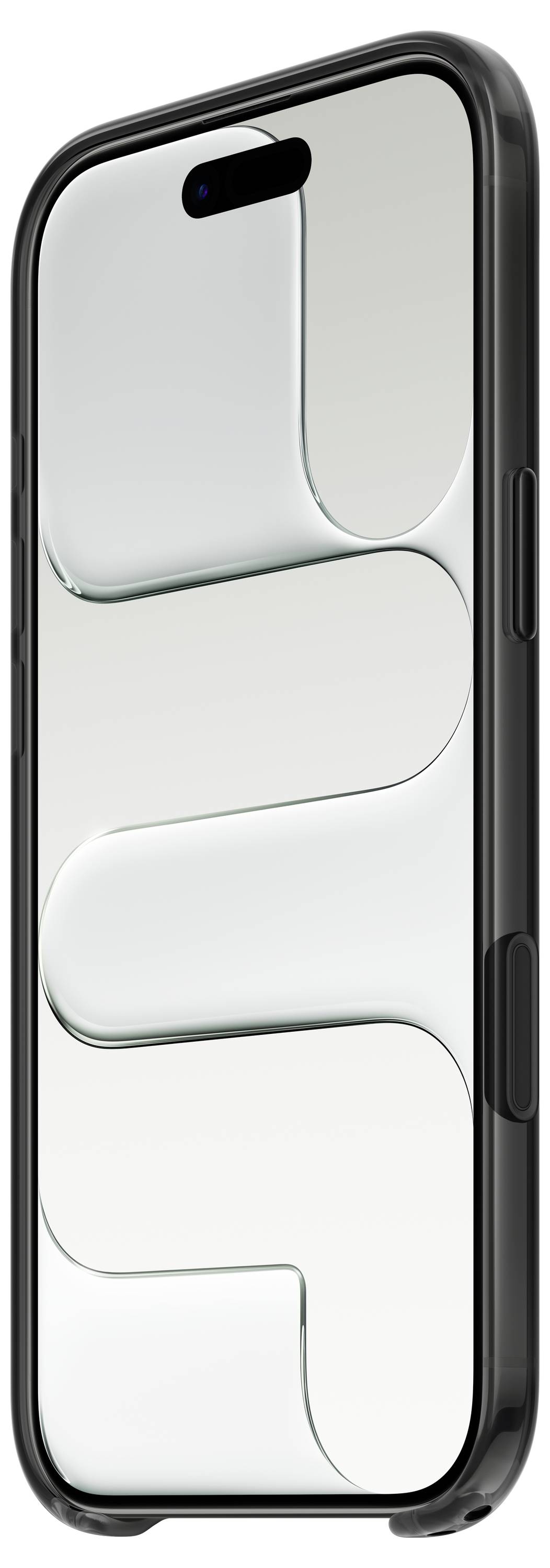 Ein modernes Smartphone mit elegantem Design, schwarzen Kanten und einem reflektierenden abstrakten Muster auf dem Bildschirm, von der Seite aus aufgenommen.