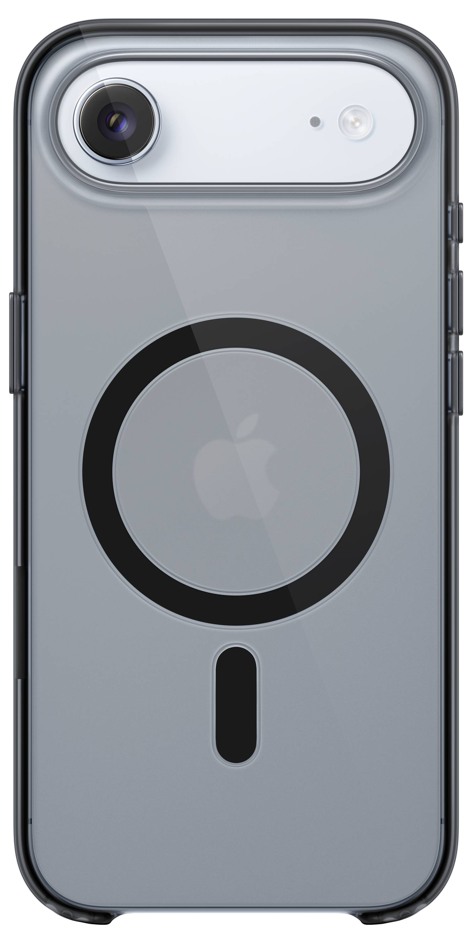 Ein Smartphone mit einer grauen MagSafe-Hülle, die auf der Rückseite ein schwarzes kreisförmiges Design aufweist und das Apple-Logo in der Mitte zeigt.