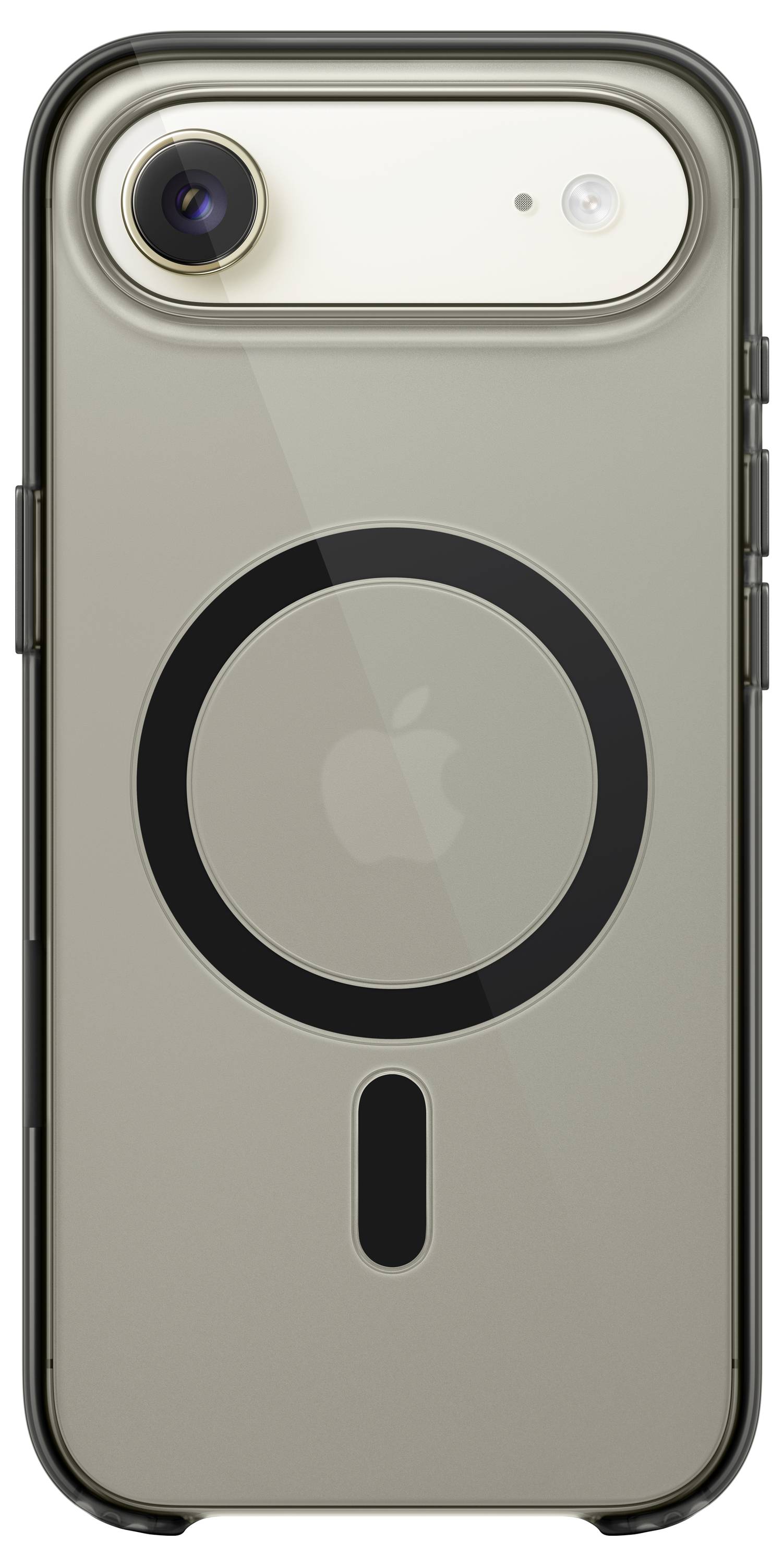 Ein Smartphone in einer transparenten Hülle mit einem schwarzen kreisförmigen Design auf der Rückseite zeigt ein Apple-Logo, das durch die Hülle sichtbar ist.