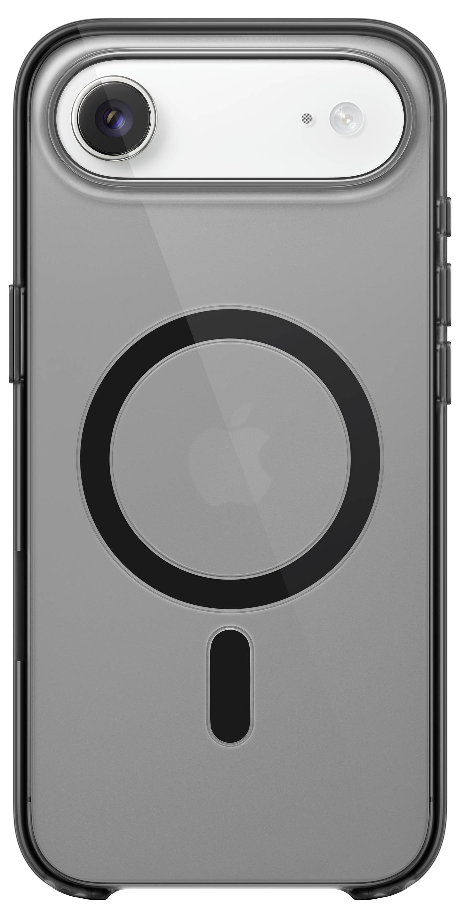 Ein Smartphone in einer transparenten Hülle mit einem kreisförmigen MagSafe-Ring auf der Rückseite, der die Kompatibilität mit drahtlosem Laden hervorhebt.