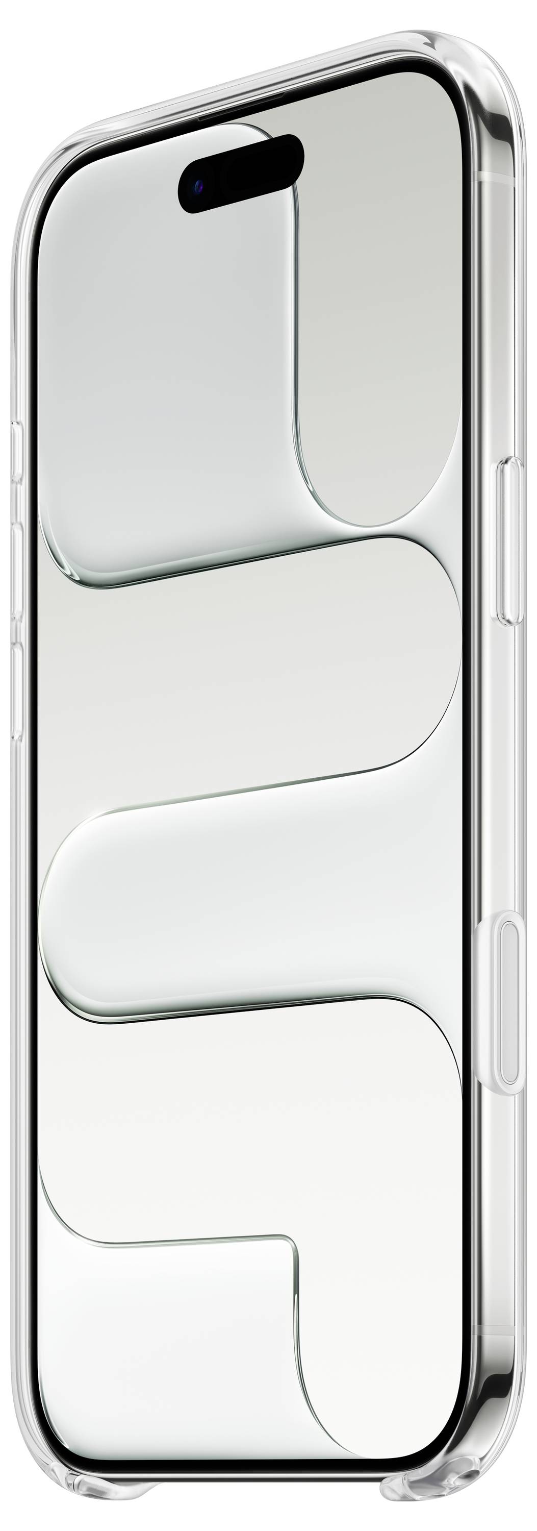 Ein Smartphone in einer transparenten Hülle mit minimalistischem Design, das einen leicht metallfarbenen Rücken und eine Dual-Kamera in der oberen linken Ecke aufweist.