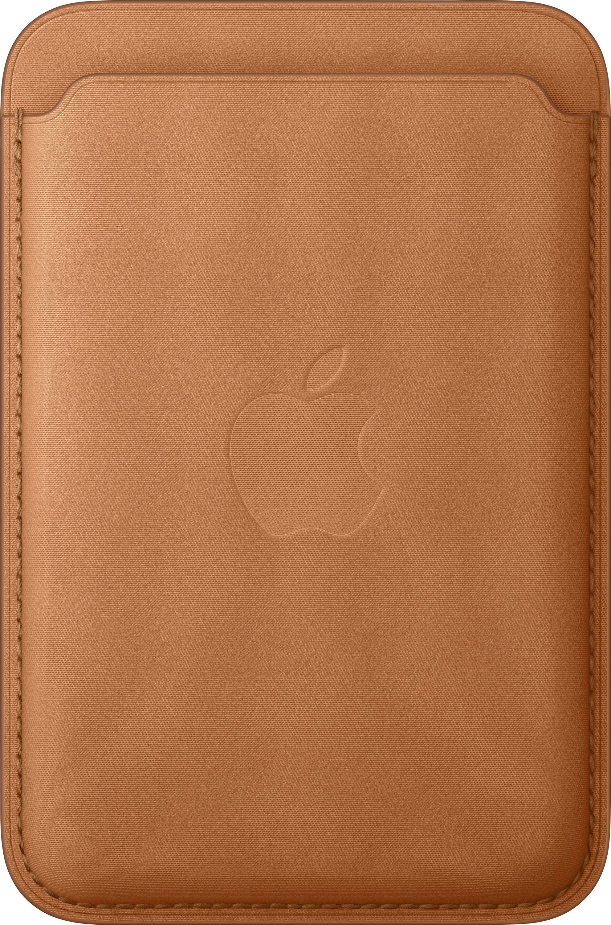 Eine cognacfarbene Lederhülle mit einem geprägten Apple-Logo auf der Vorderseite, die für ein schlankes elektronisches Gerät entwickelt wurde.