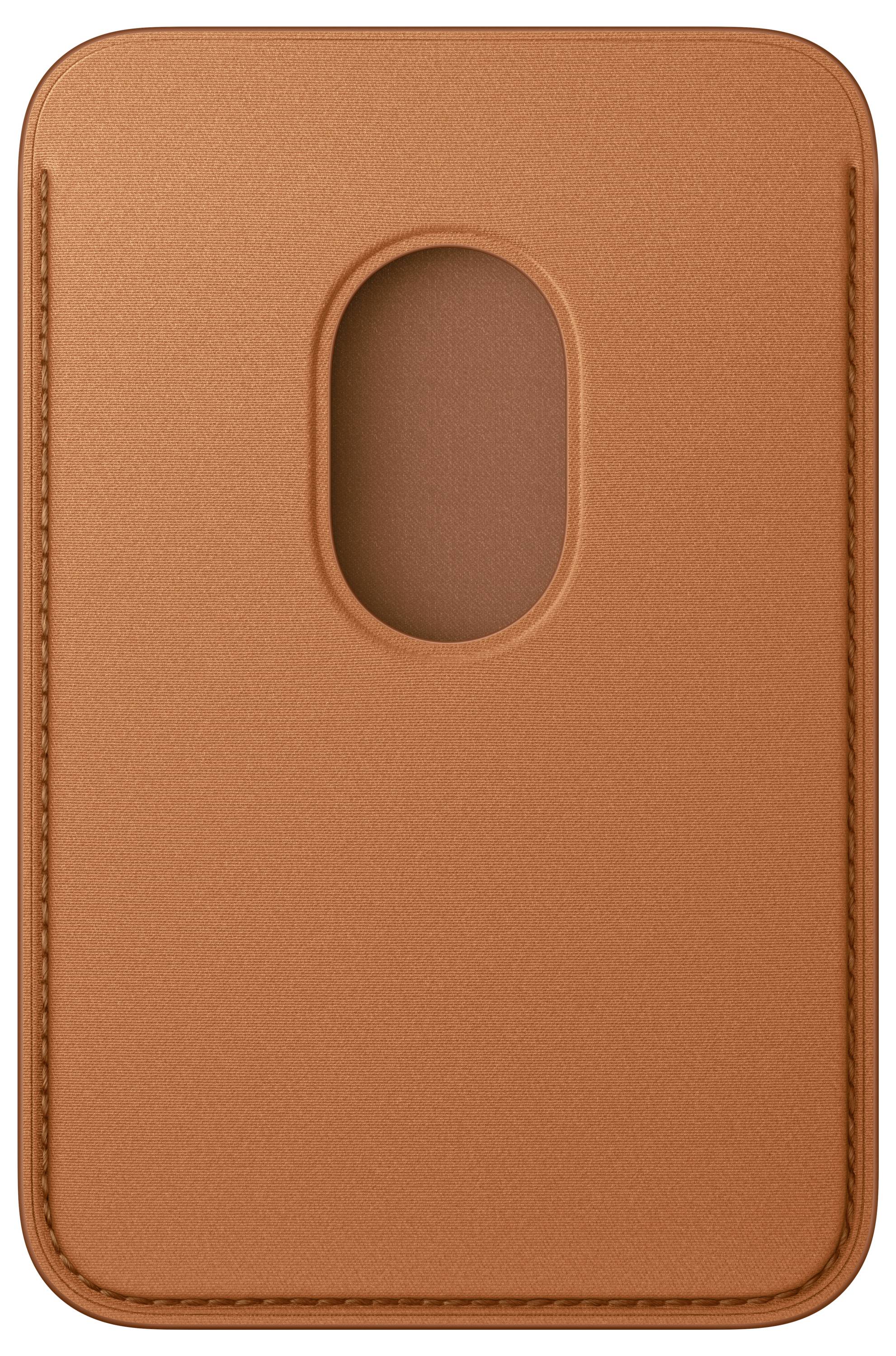 Eine Brieftasche aus gebräuntem Leder mit MagSafe, die einen Kartenschlitz aufweist und für die Befestigung an einem iPhone konzipiert ist.