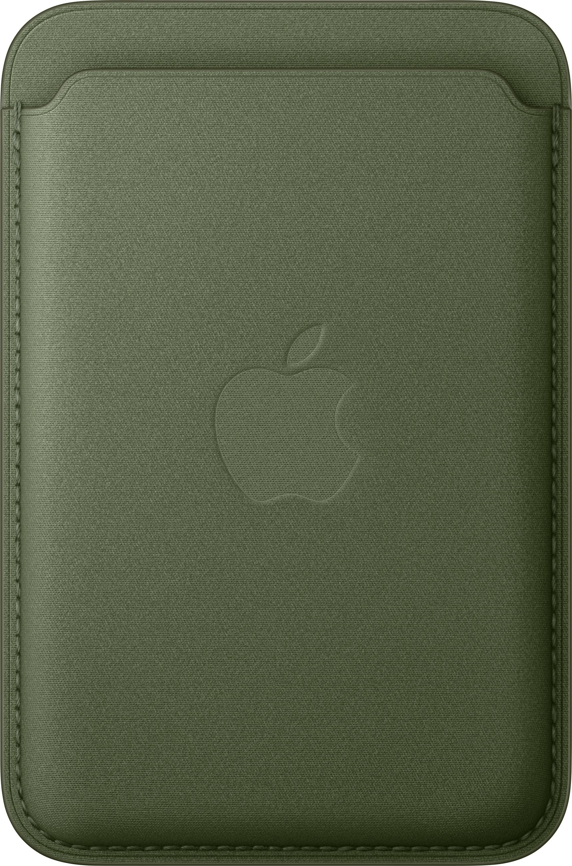 Eine grüne Lederbrieftasche mit geprägtem Apple-Logo, die wahrscheinlich entwickelt wurde, um auf der Rückseite eines Smartphones zu passen.