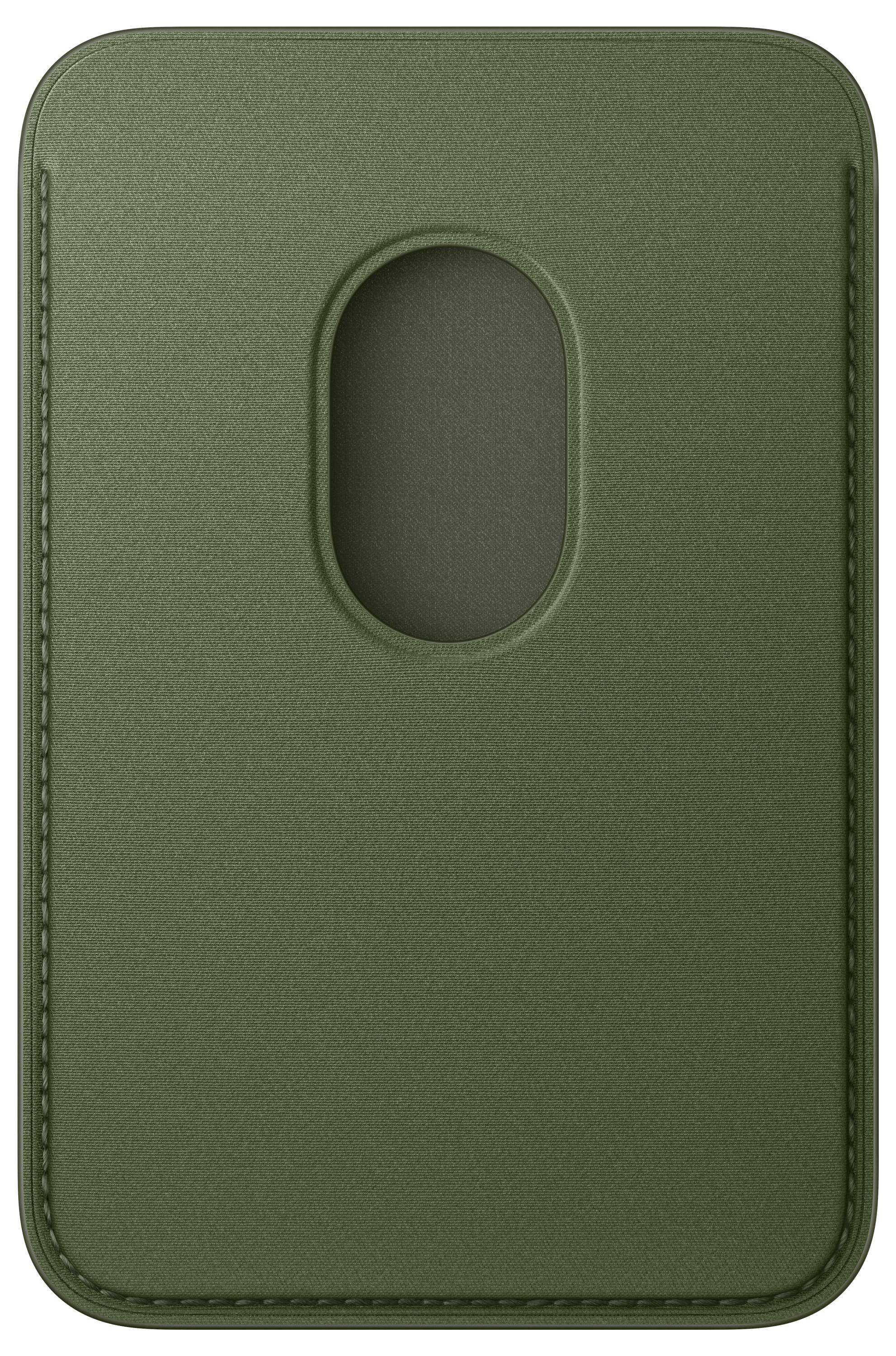 Ein grüner Kartenhalter aus Leder mit einer ovalen Aussparung in der Mitte oben, die einen einfachen Zugriff auf die Karten ermöglicht.
