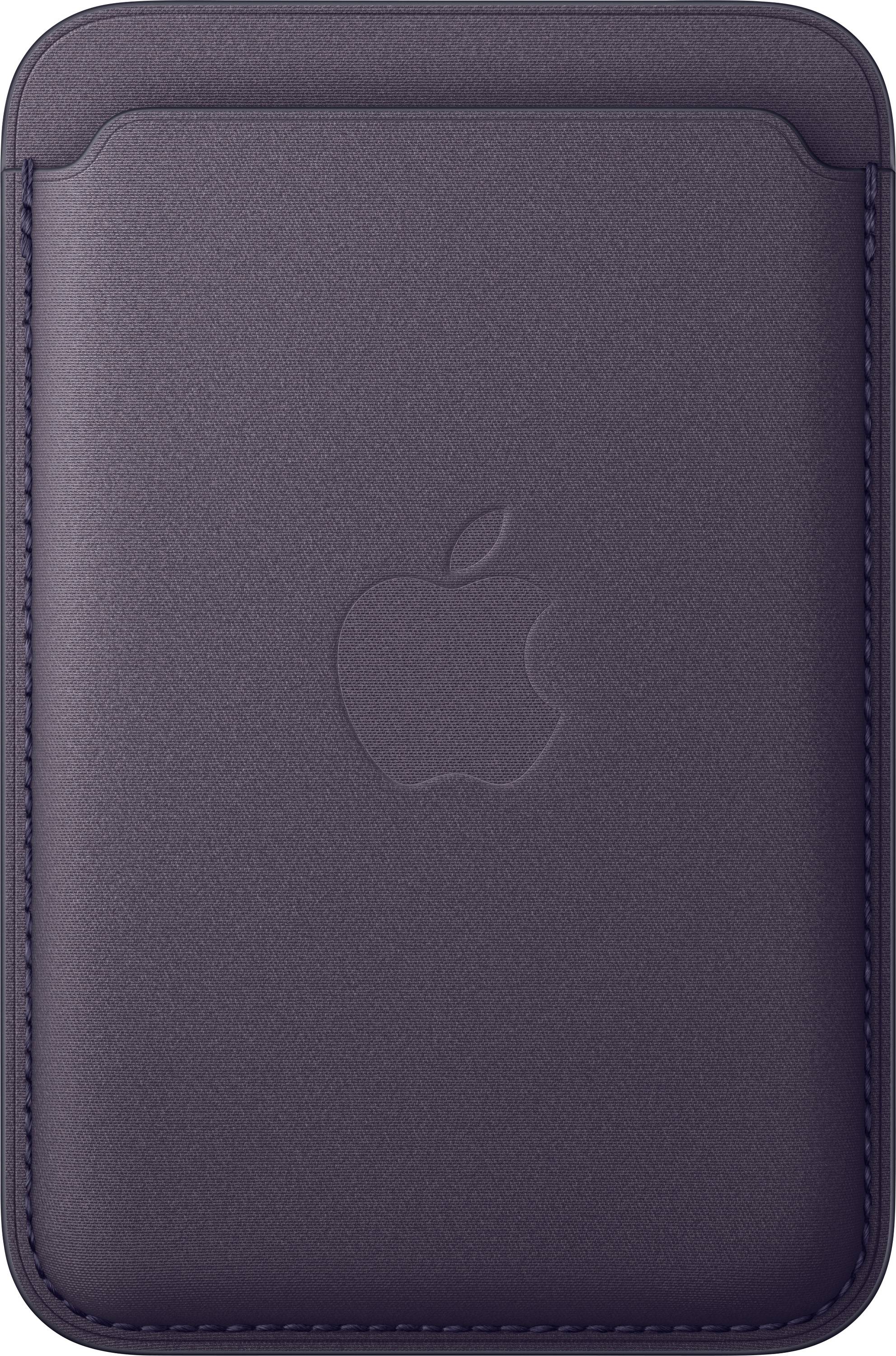 Eine dunkle lila Lederbörse mit einem geprägten Apple-Logo auf der Vorderseite, entworfen zum Aufbewahren kleiner Gegenstände oder zum Anbringen an einem Smartphone.