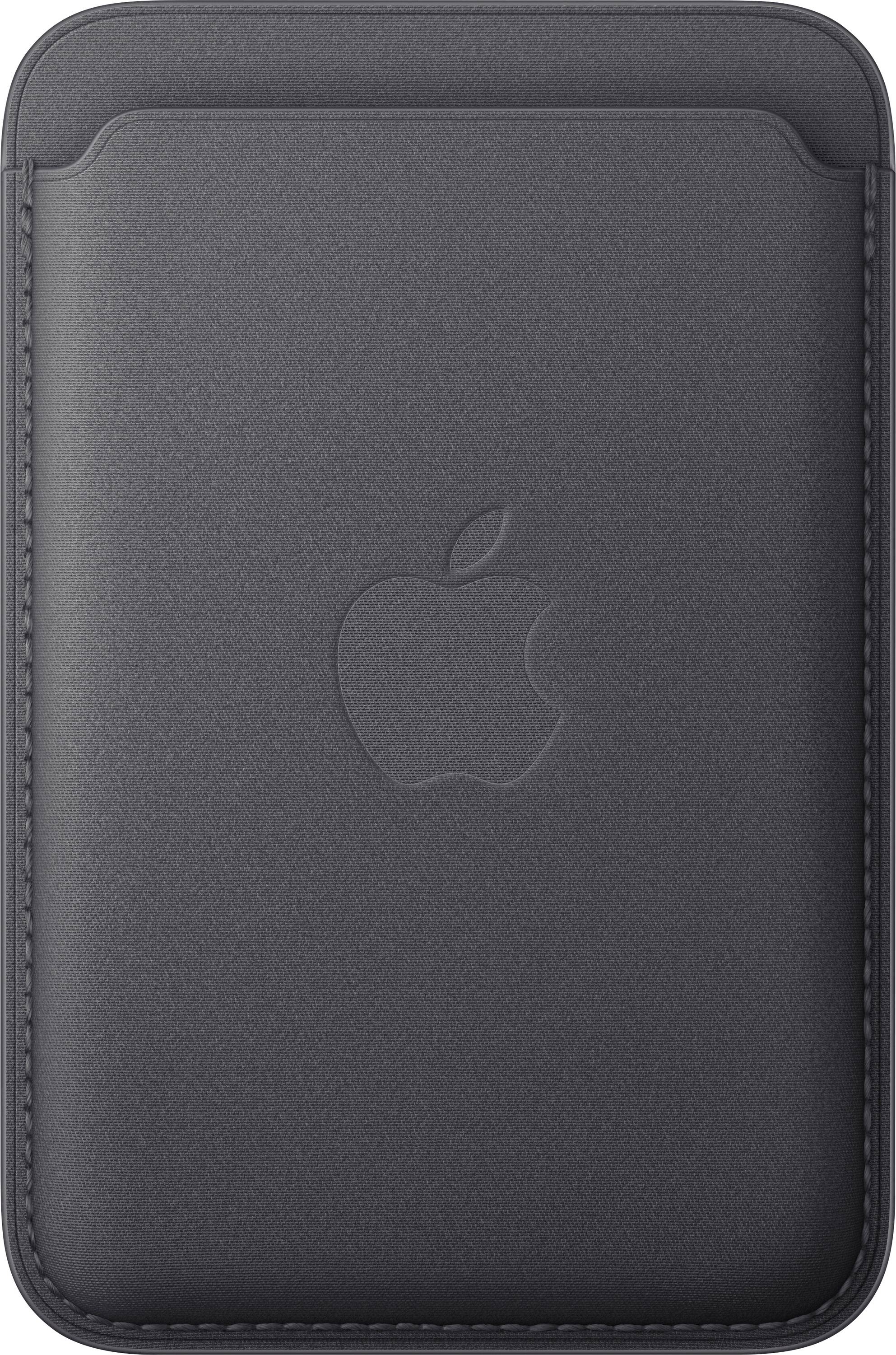 Ein schwarzes Ledertui mit einem Apple-Logo, das auf der Vorderseite geprägt ist.