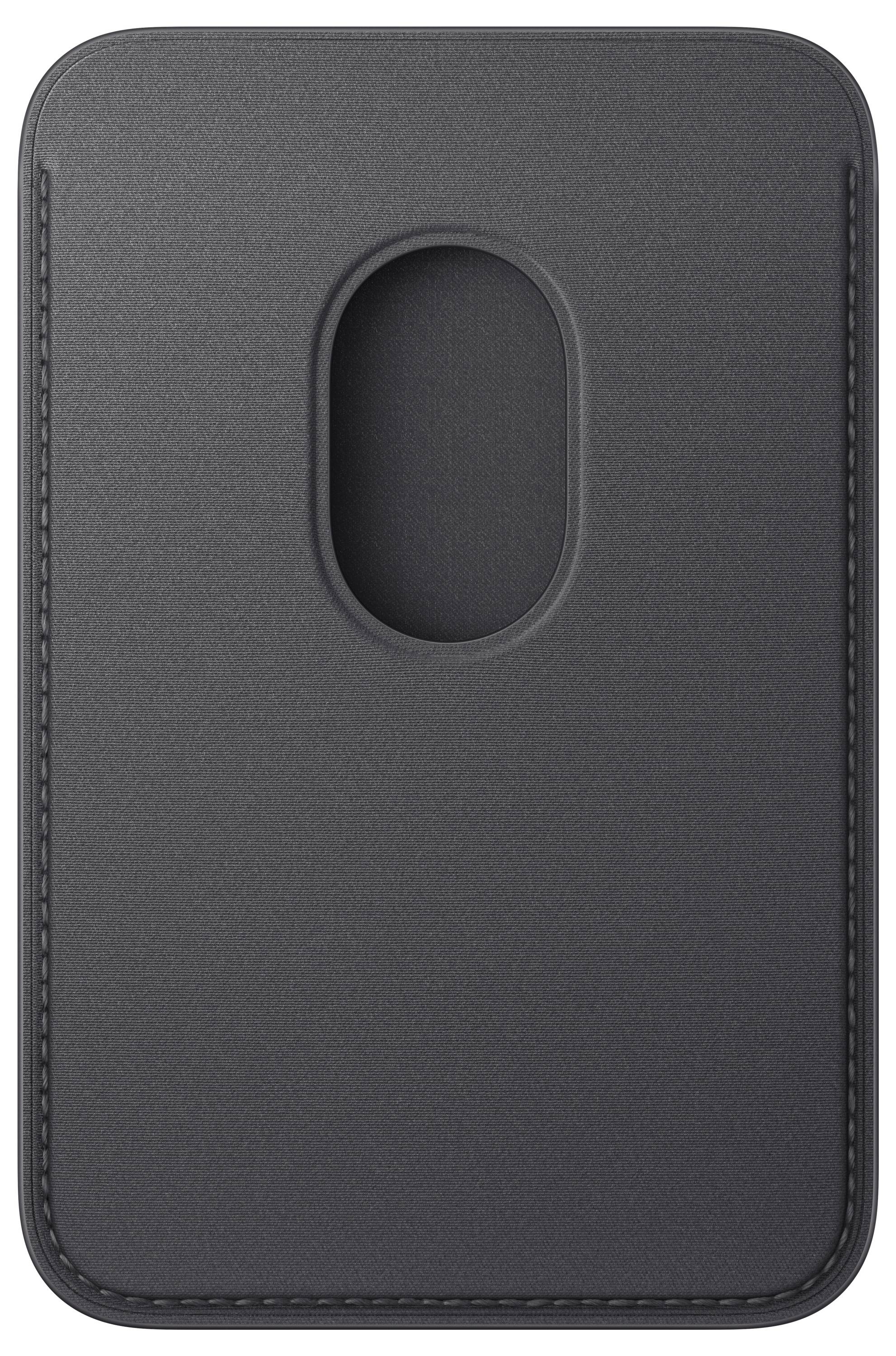 Ein schlanker schwarzer Kartenhalter mit einer ovalen Aussparung in der Mitte oben.