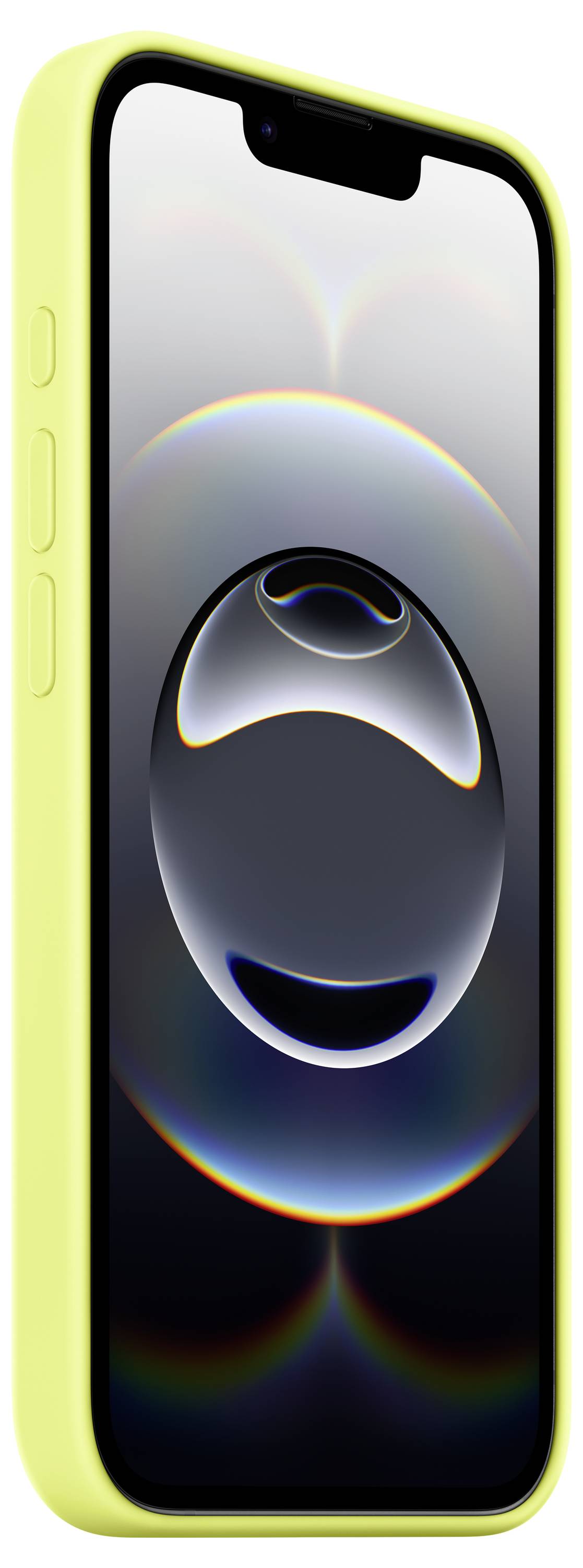 Ein Smartphone mit einer gelben Hülle zeigt ein digitales abstraktes Bild mit einer zentralen Kugel und reflektierenden sowie Regenbogeneffekten.