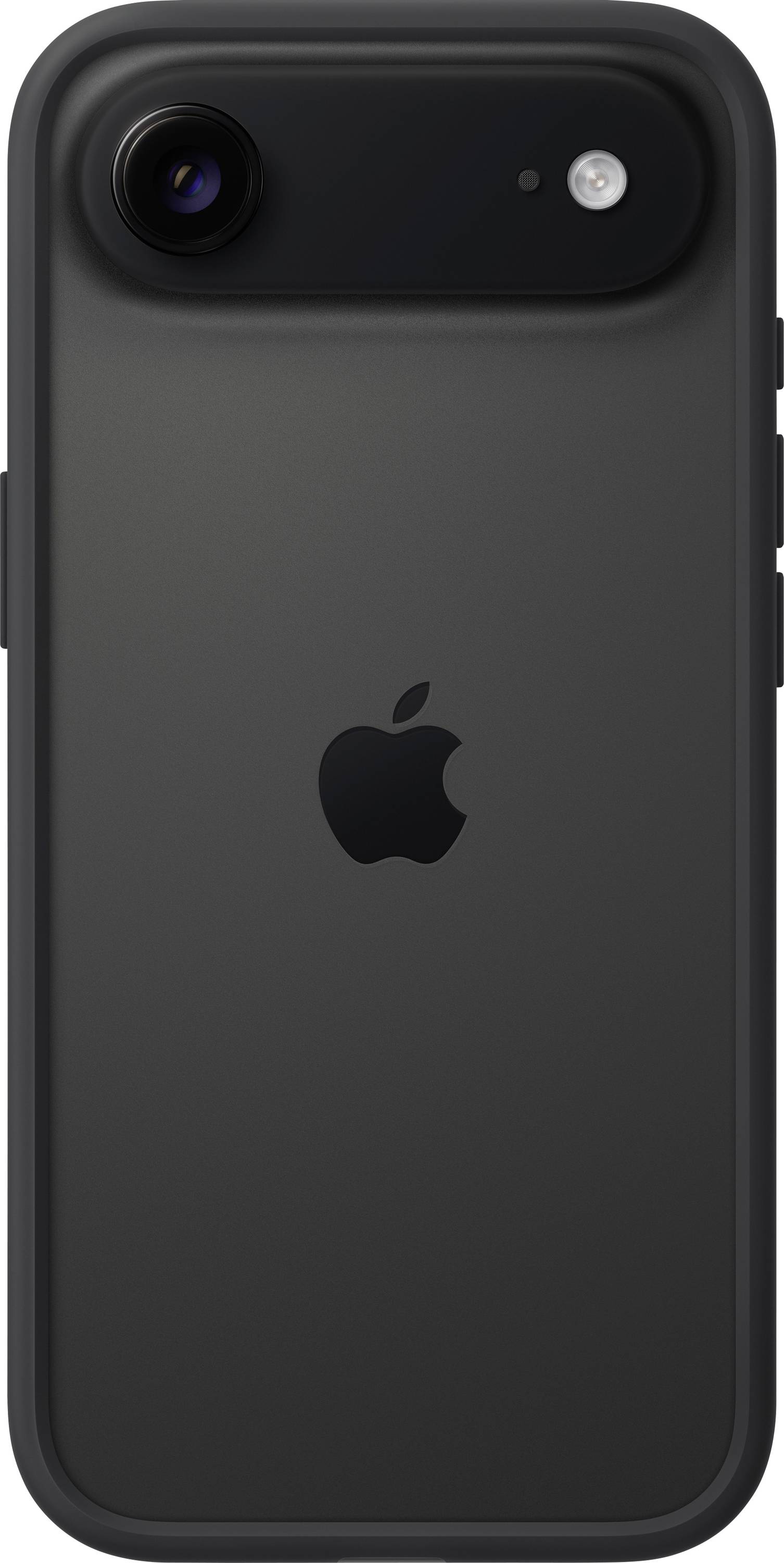 Ein schwarzes Smartphone mit dem Apple-Logo auf der Rückseite, das eine Kamera und einen Blitz in der oberen linken Ecke aufweist.
