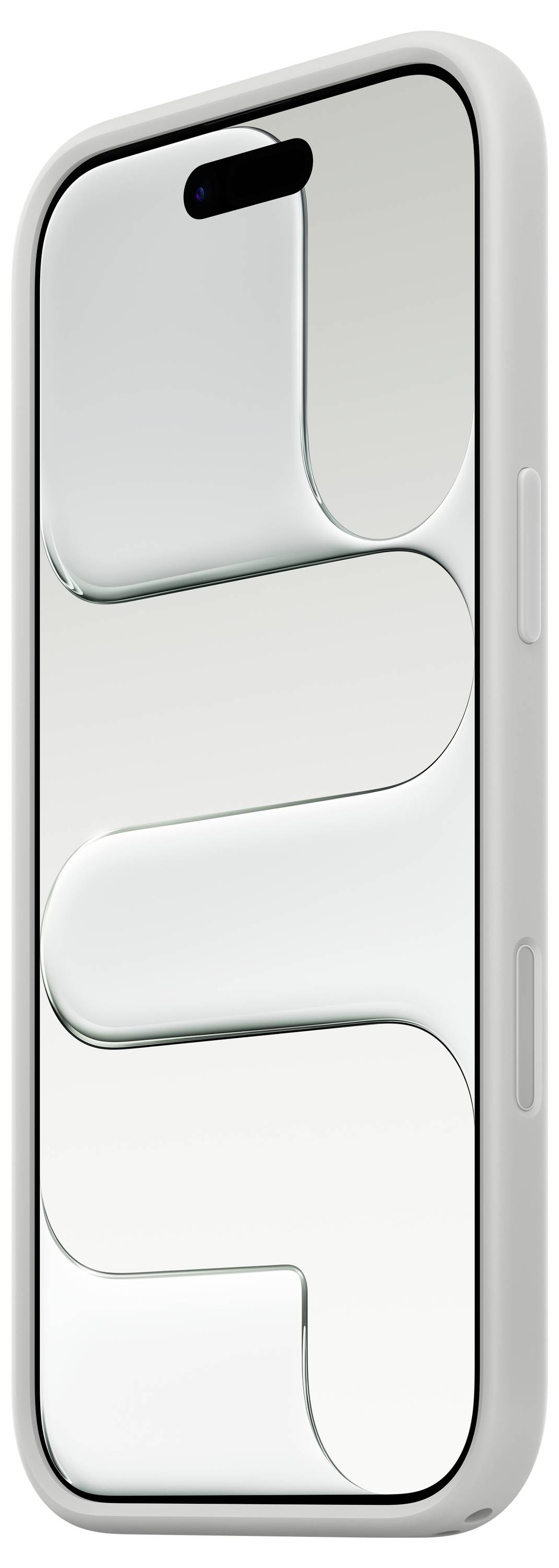 Ein modernes Smartphone mit weißem Rahmen und einem Display, das abstrakte geschwungene weiße und graue Linien zeigt.