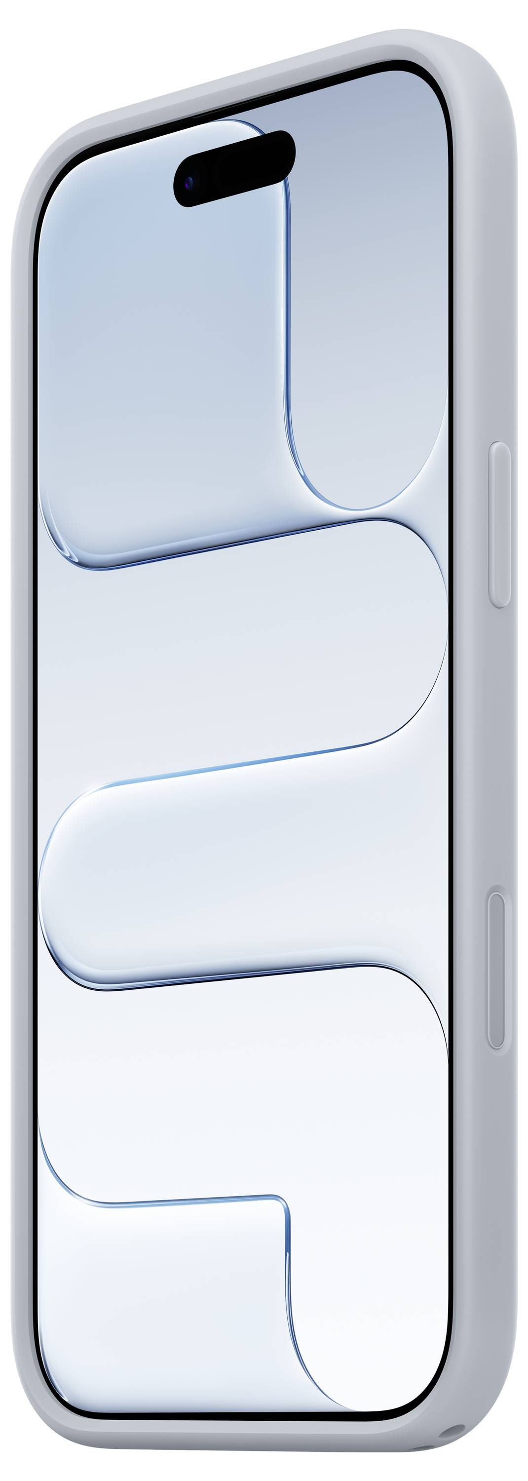 Ein Smartphone in einem weißen Gehäuse mit einem reflektierenden, minimalistischen Design auf dem Bildschirm, das abstrakte Kurven und einen zentralen Kameraausschnitt aufweist.