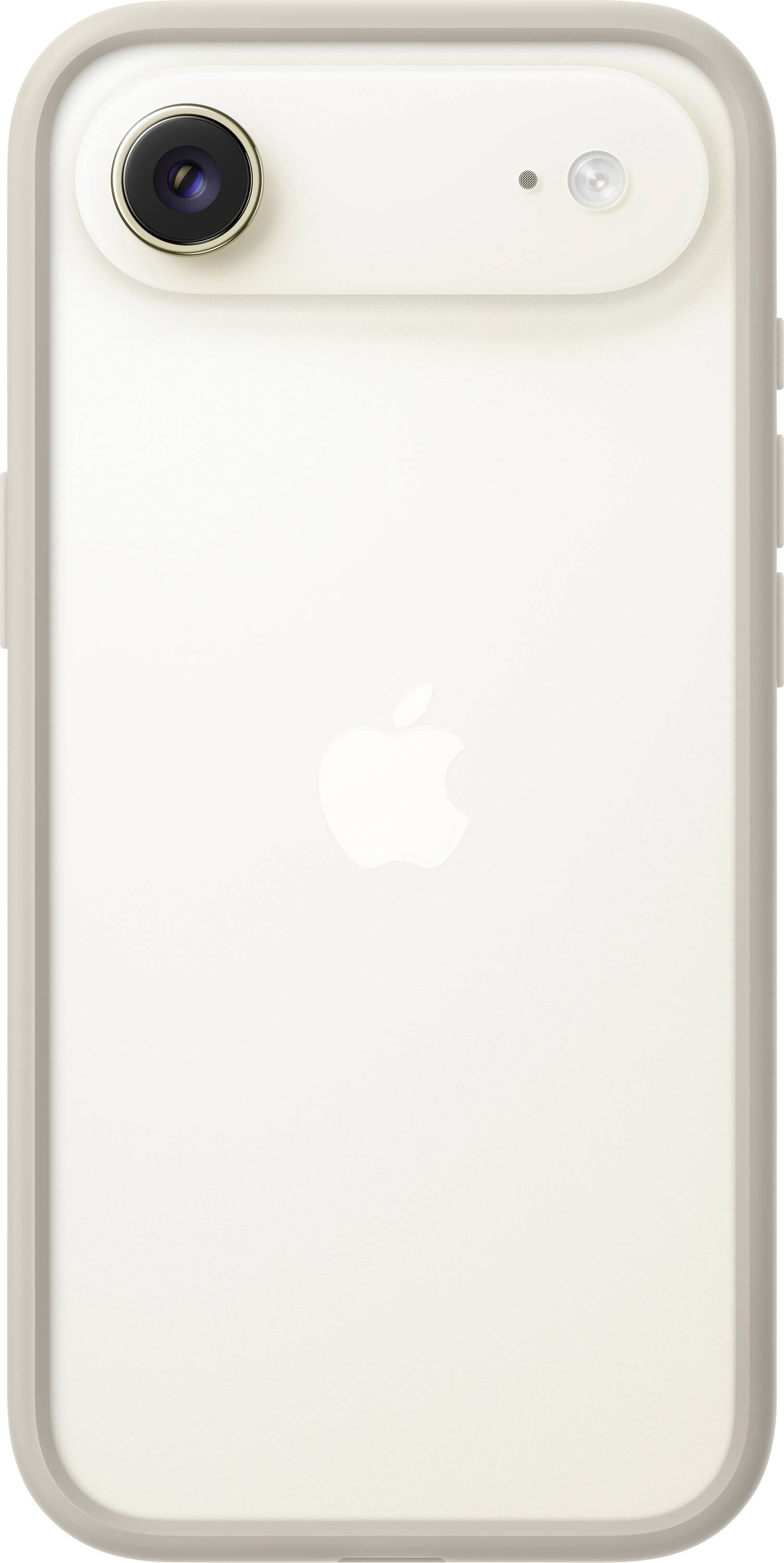 Ein weißes Smartphone mit Kamera und Blitzlicht auf der Rückseite, mit einem auffälligen Apple-Logo, eingehüllt in eine beige Hülle.