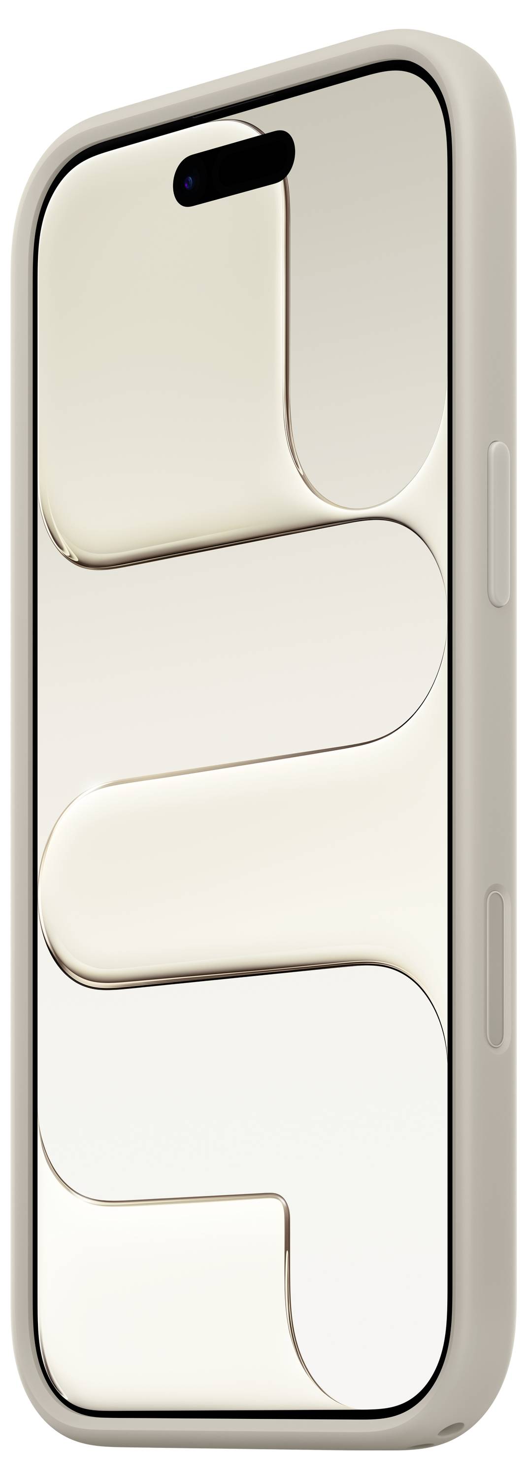 Ein Smartphone mit einer beigen Hülle und einem Display, das ein abstraktes beiges Muster mit geschwungenen Designs zeigt.