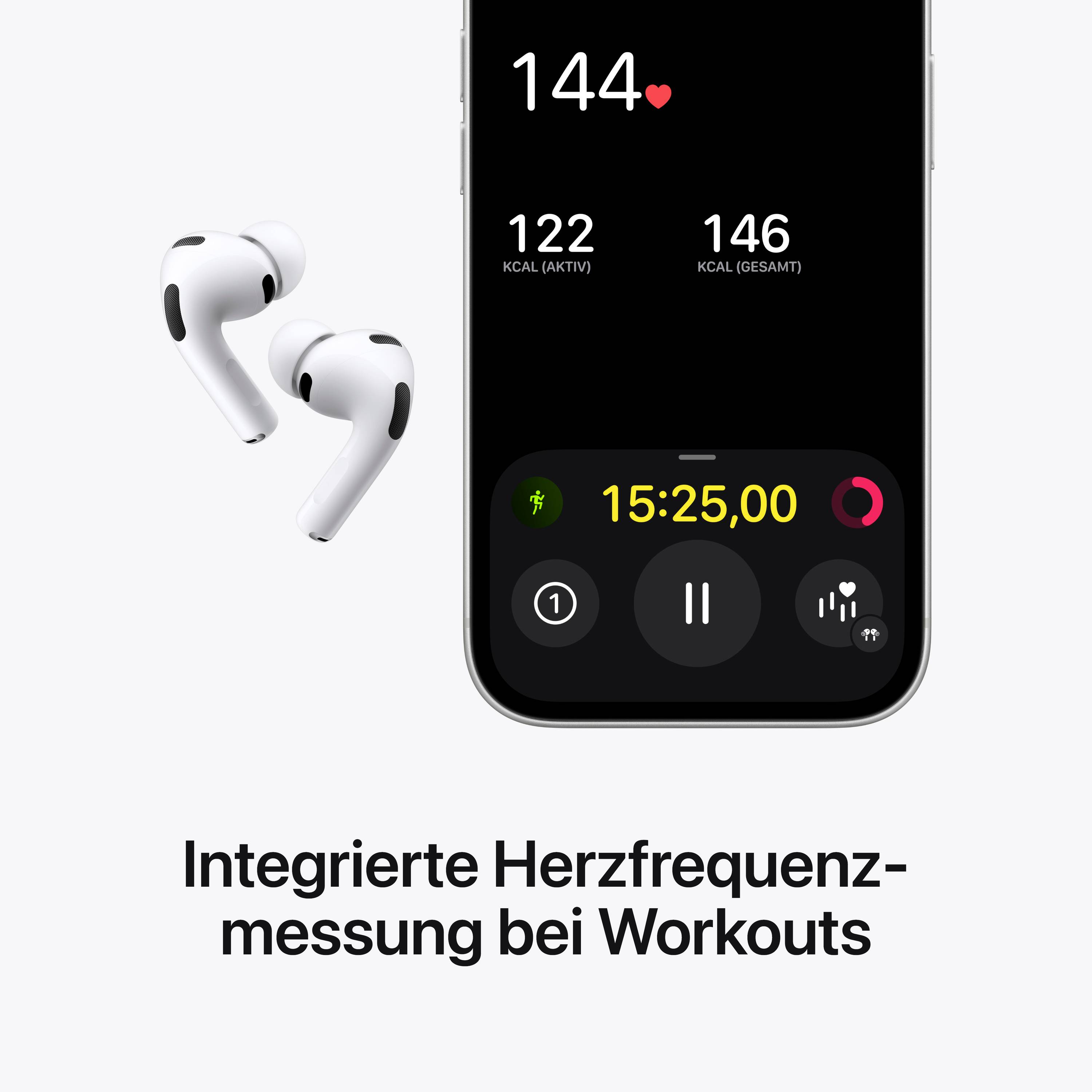 Ein Smartphone zeigt eine Herzfrequenz von 144 bpm und Kalorienverbrauch. Darunter stehen kabellose Kopfhörer und ein Zitat: 'Integrierte Herzfrequenzmessung bei Workouts'.
