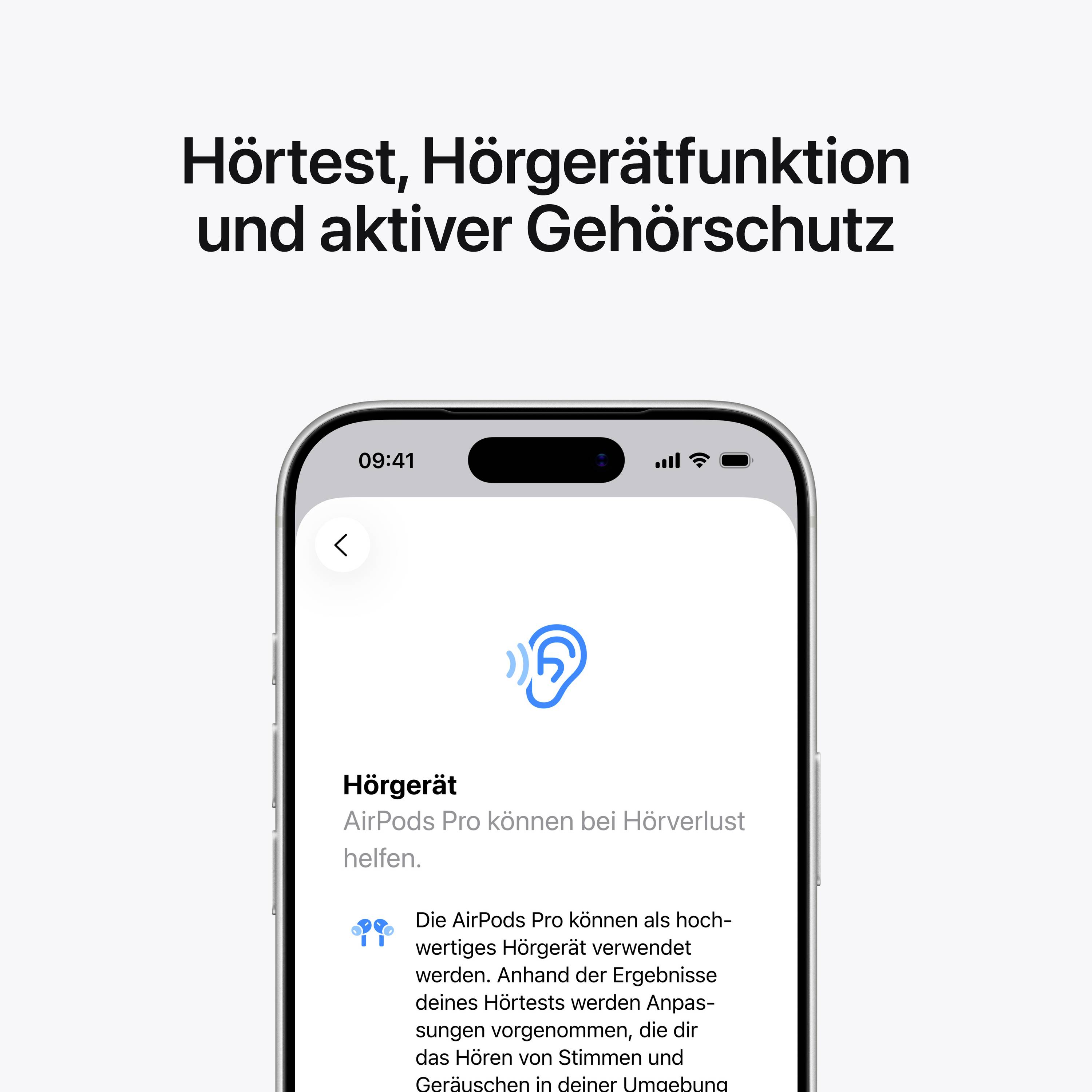 Hörgerät-Funktion auf einem Smartphone-Bildschirm, erläutert die AirPods Pro-Funktion zum Schutz des Gehörs und zur Anpassung der Lautstärke.