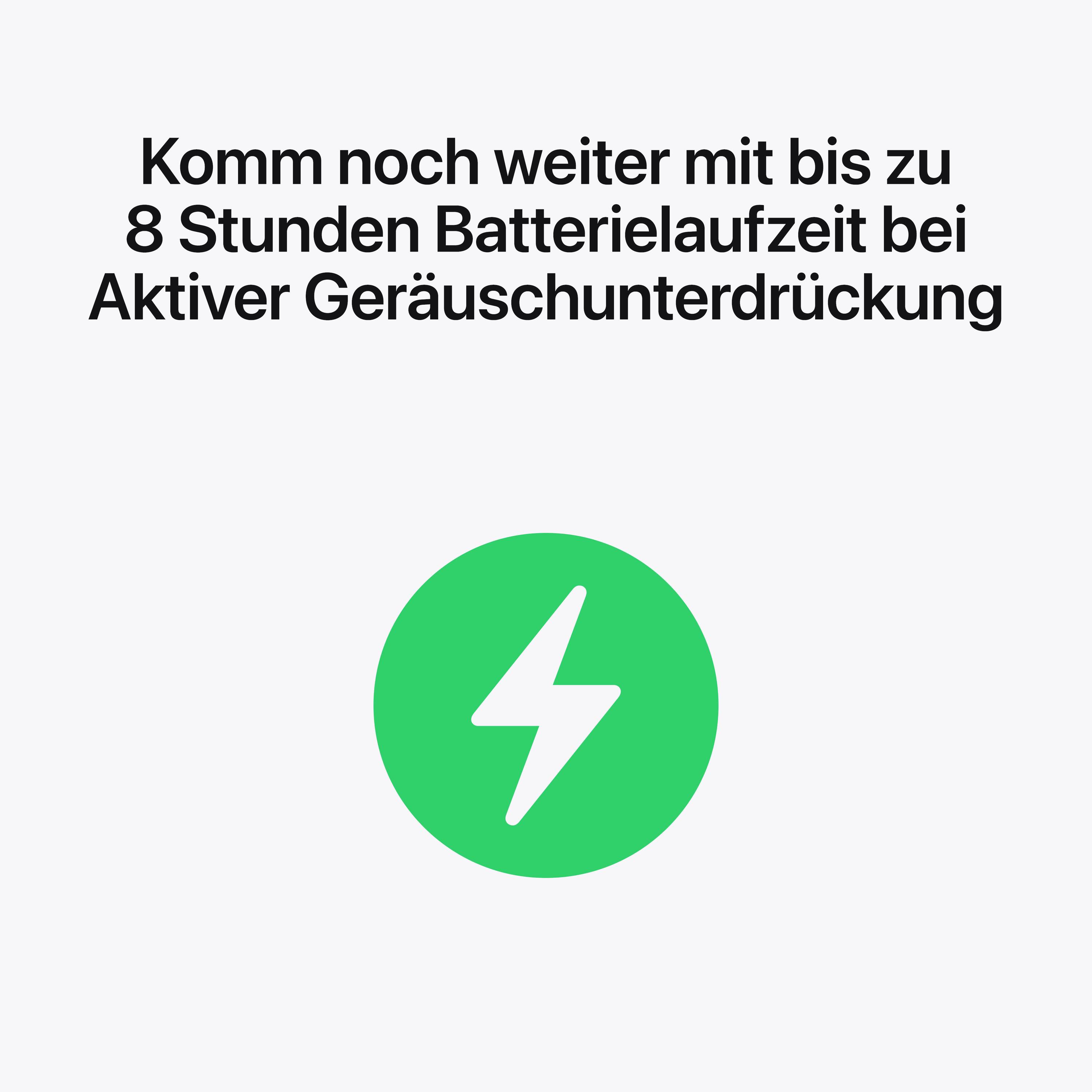 Ein Symbol eines Batterie-Ladestands unter einem Text: 'Komm noch weiter mit bis zu 8 Stunden Batterielaufzeit bei Aktiver Geräuschunterdrückung'.