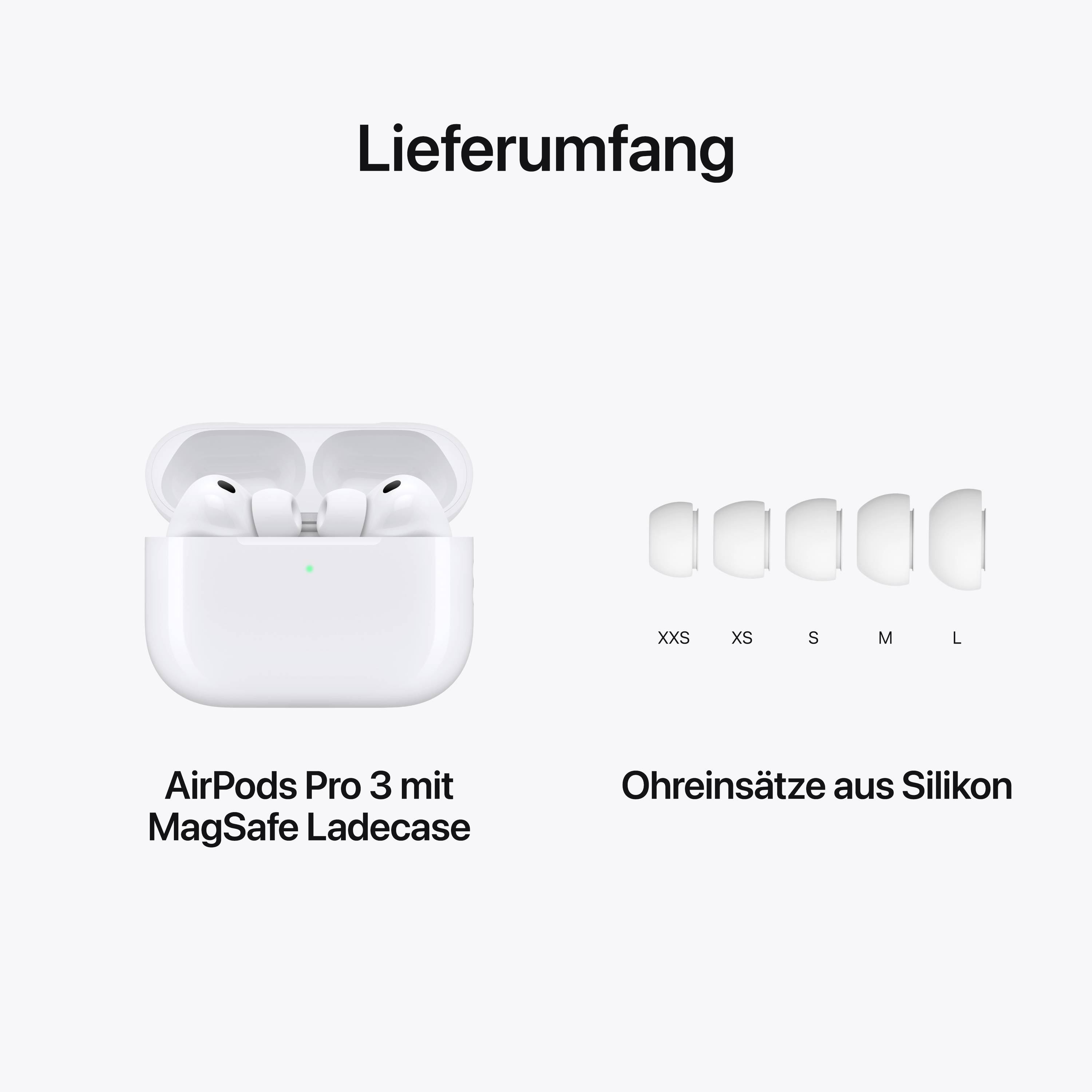 Abgebildet ist der Lieferumfang der AirPods Pro 3. Zu sehen sind ein MagSafe Ladecase und fünf Paar Ohrstöpsel aus Silikon in verschiedenen Größen.