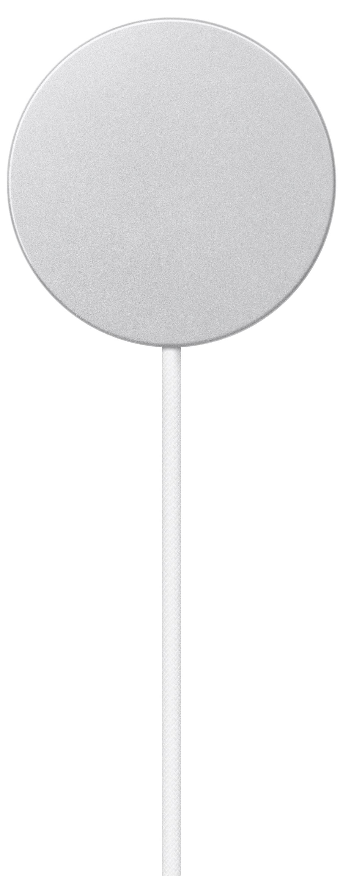 Ein kreisförmiges, silbernes MagSafe-Ladegerät mit einem weißen Kabel, das zum drahtlosen Aufladen kompatibler Geräte verwendet wird.