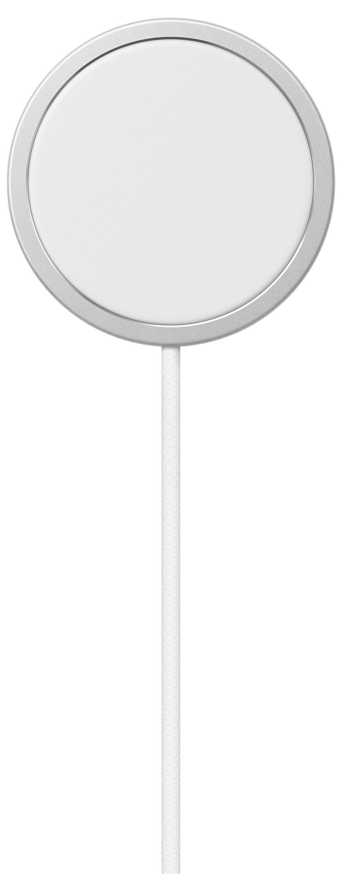 Runde, weiße magnetische Wireless-Ladegerät mit silbernem Rand und angeschlossenem Kabel.