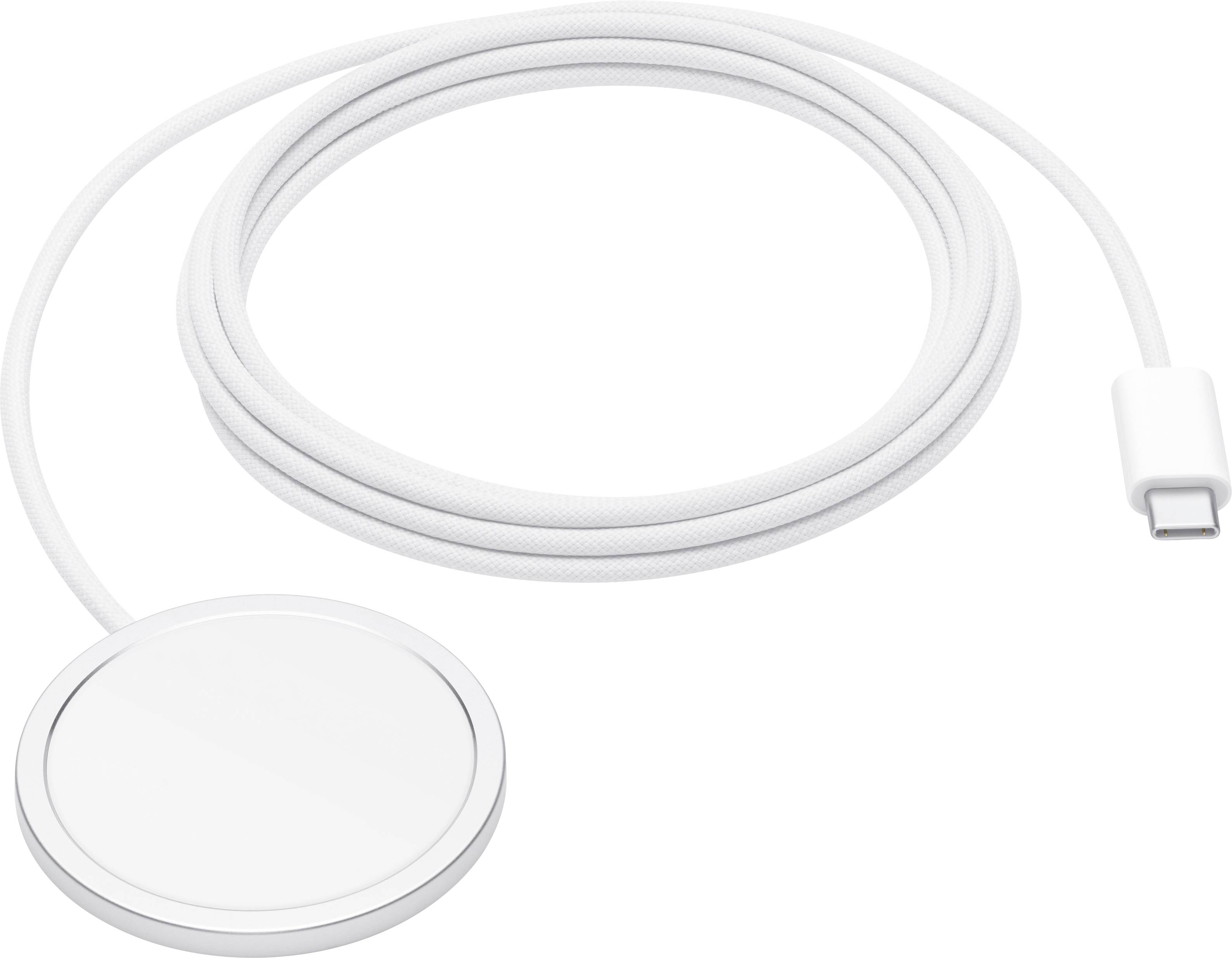 Ein weißes Ladekabel mit einer kreisförmigen magnetischen Ladeplatte und einem USB-C-Anschluss am anderen Ende, das zum Aufladen kompatibler Geräte verwendet wird.