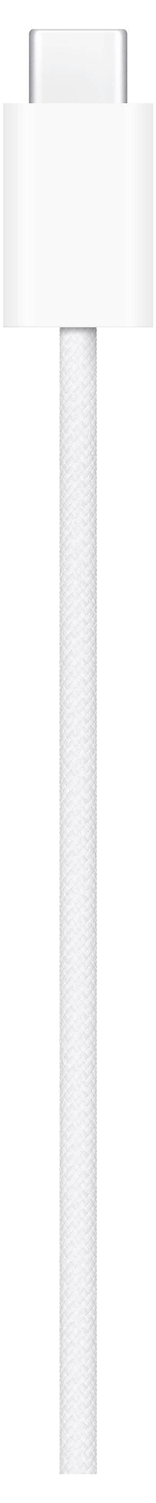Ein weißes USB-C-Kabel vertikal positioniert, wobei der Anschluss und ein Teil des Kabels sichtbar sind.