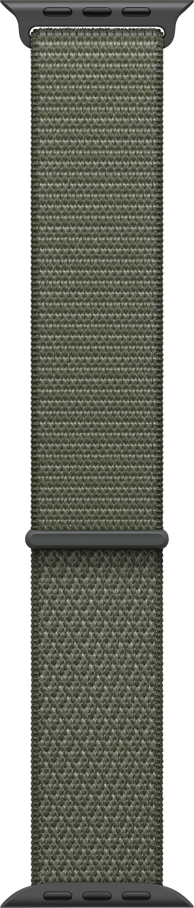 Grünes gewebtes Uhrenarmband mit schwarzen Verbindern, das eine strukturierte, gerippte Oberfläche aufweist.