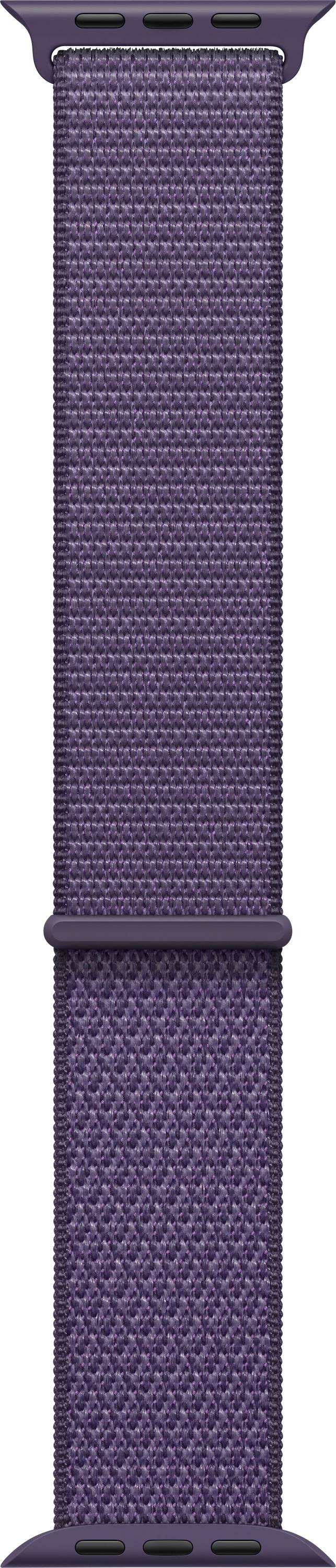 Ein violettes, gewebtes Uhrenarmband mit strukturiertem Muster, entwickelt zum Tragen an einer Smartwatch.