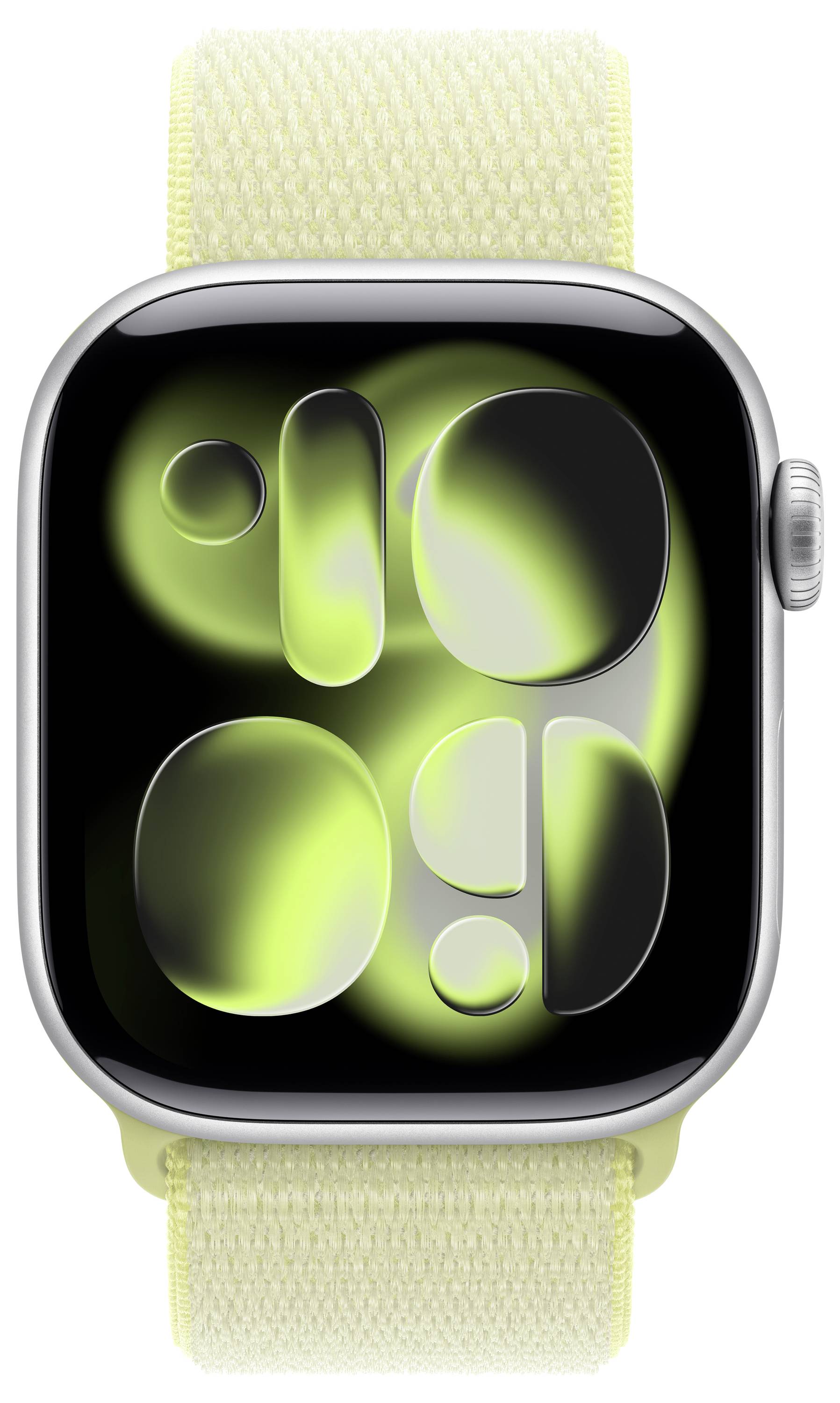 Eine Smartwatch mit einem hellen, abstrakten grün-schwarzen Display. Sie hat ein weiches, hellgelbes Armband mit einem metallischen Gehäuse und einem Seitenknopf.