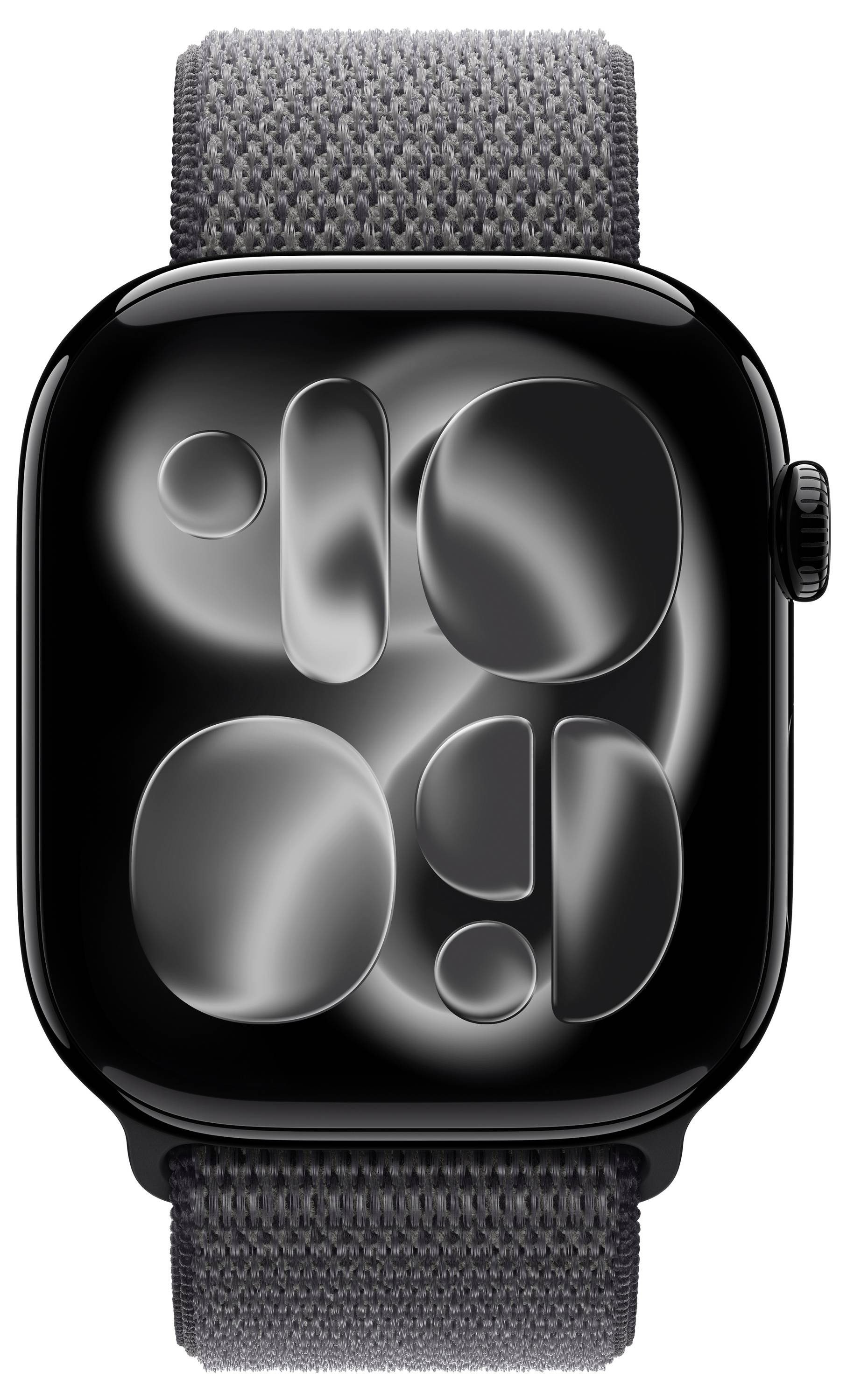 Eine Smartwatch mit einem dunklen, glänzenden Bildschirm, auf dem abstrakte Formen dargestellt werden. Die Uhr verfügt über ein strukturiertes, dunkel gehaltenes Armband.