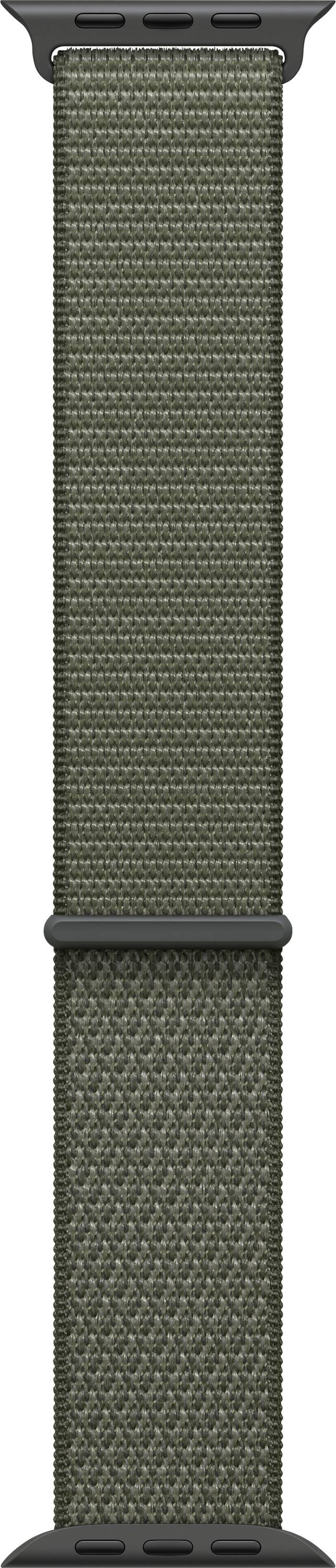 Ein Nahaufnahmebild eines grünen gewebten Nylonuhrenarmband mit schwarzen Verbindern an beiden Enden. Die Textur ist detailliert und zeigt das robuste Material.