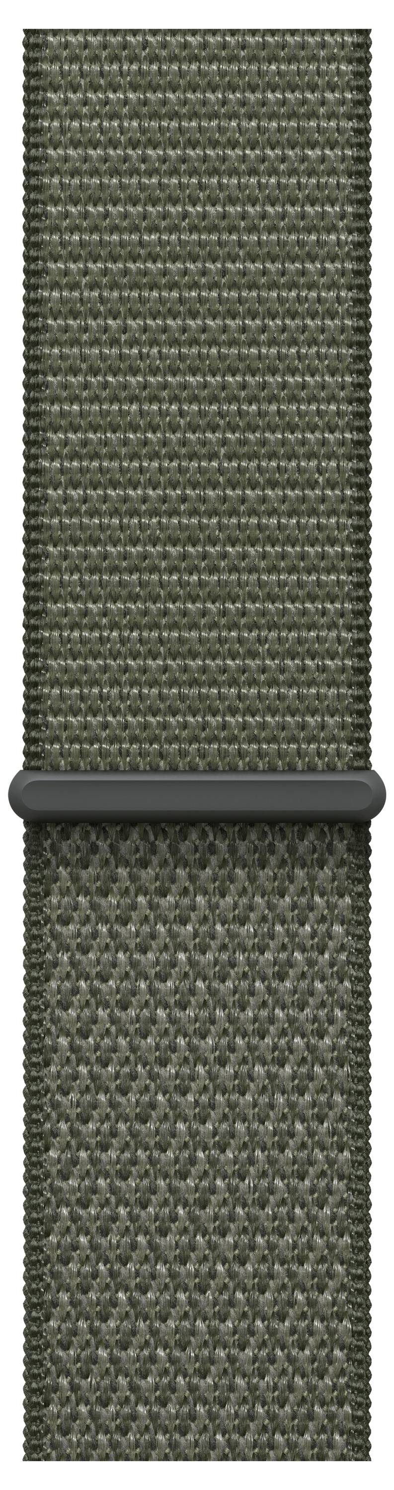 Ein Nahaufnahmebild eines gewebten grünen Riemens mit einem schwarzen Schieber, der einem Uhrenarmband ähnelt.