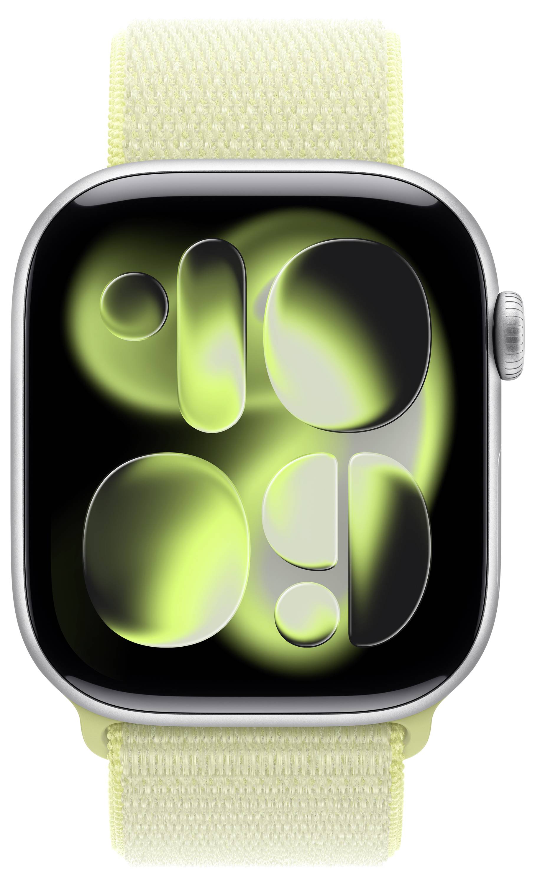 Eine Smartwatch mit einem grün-schwarzen abstrakten Design auf dem Display, ausgestattet mit einem metallischen Gehäuse und einem hellgelben Stoffarmband.