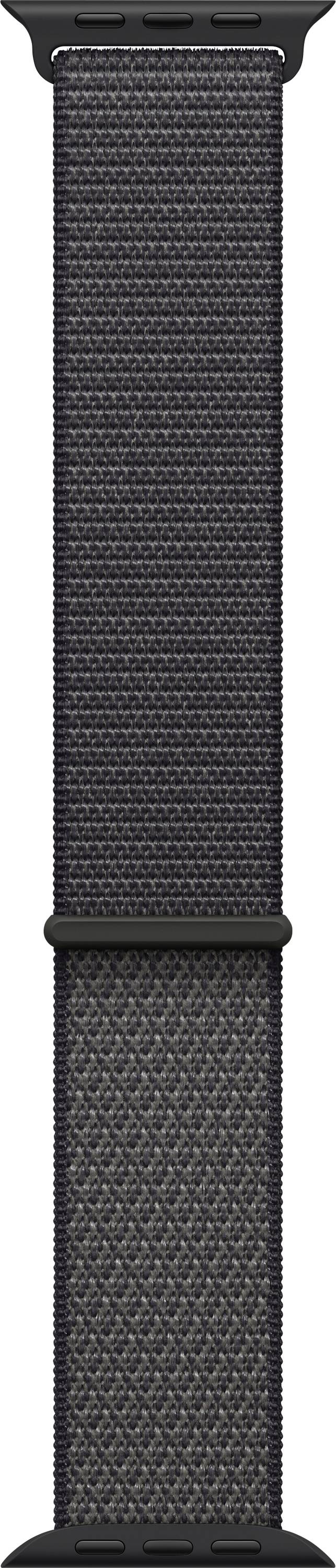 Ein schwarzes Uhrenarmband aus geflochtener Nylon, mit einer verstellbaren Schlaufendesign für einen sicheren Sitz.