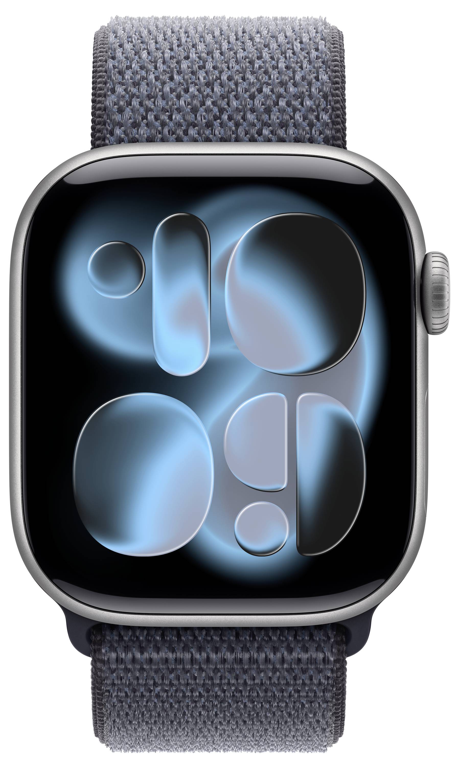 Eine Smartwatch mit einem schlanken schwarzen rechteckigen Gehäuse zeigt abstrakte blaue digitale Formen. Sie hat ein graues gewebtes Armband und einen seitlichen Knopf.