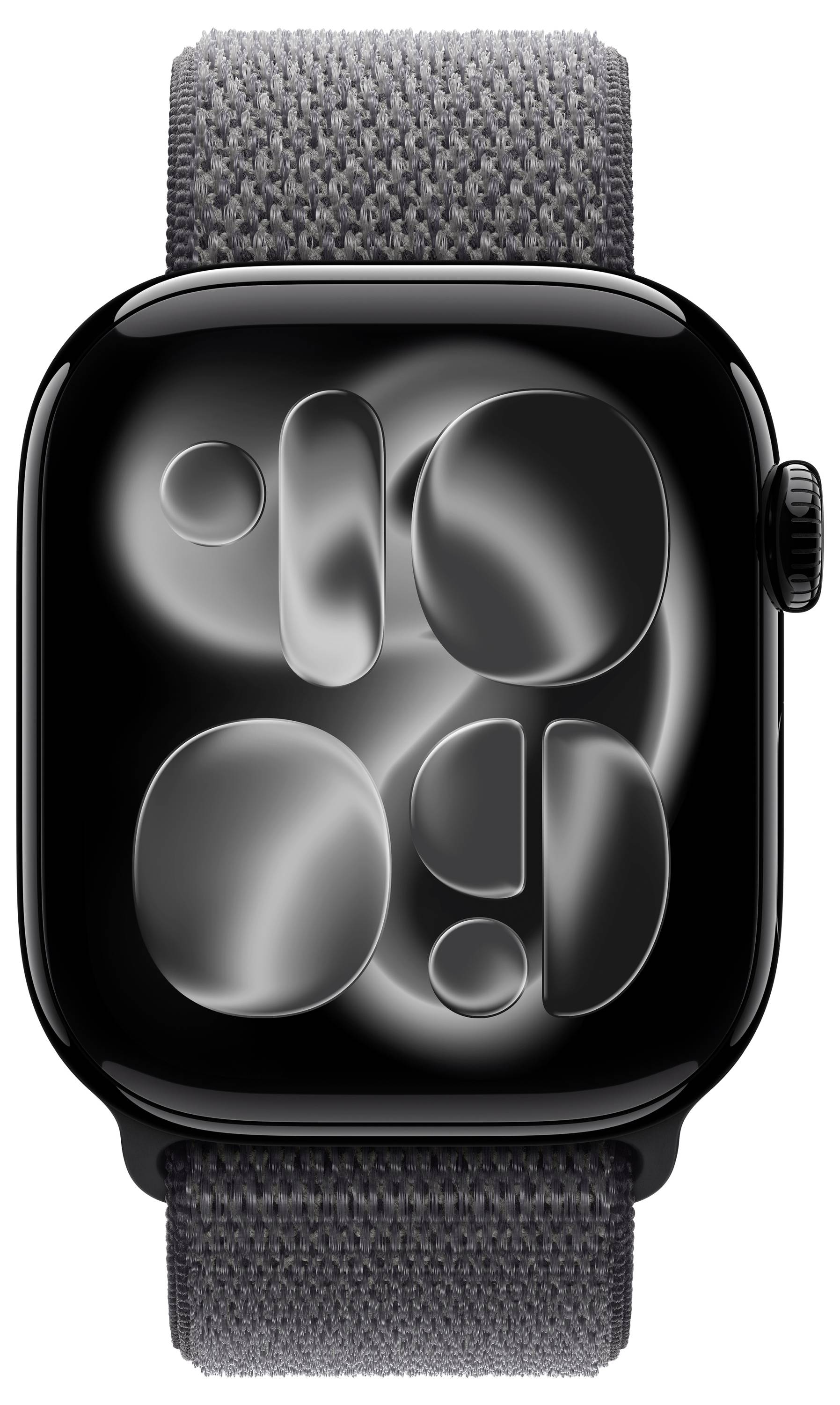 Eine schwarze, moderne Smartwatch mit einem dunklen, abstrakten glänzenden Display, kombiniert mit einem strukturierten grauen Armband.