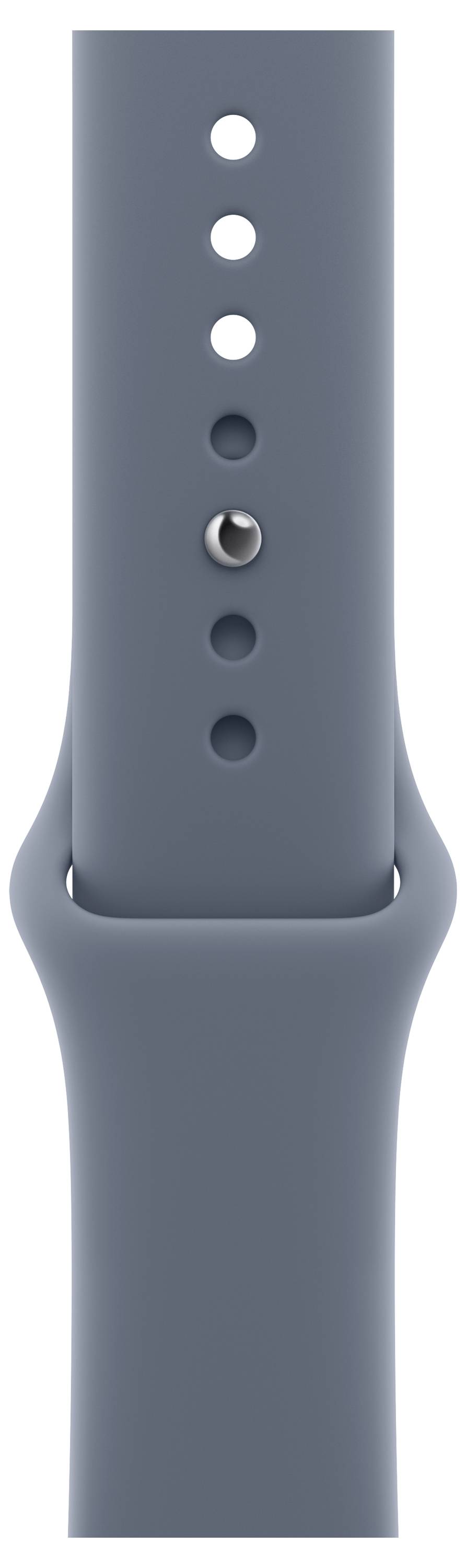 Eine Nahaufnahme eines blauen Smartwatch-Armbands mit einer Schnalle und mehreren Einstellungslöchern für die Größe.