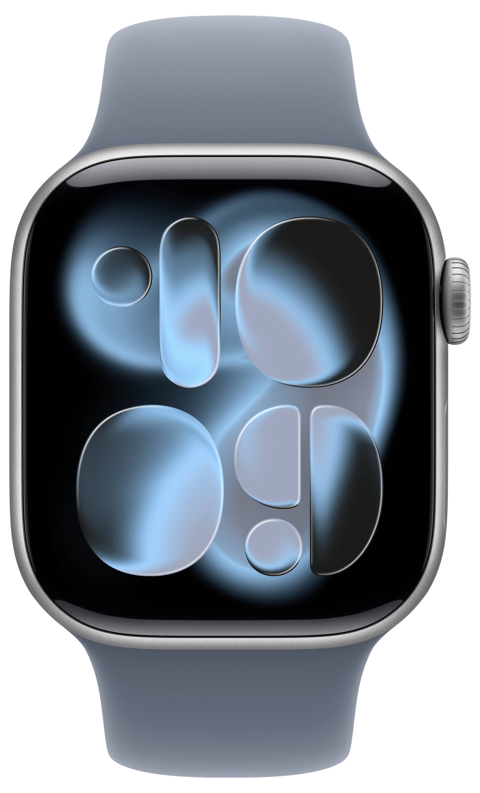 Eine Smartwatch mit elegantem Design und blauem abstraktem Display auf dem Bildschirm, mit abgerundeten Ecken und einem glatten blauen Armband.