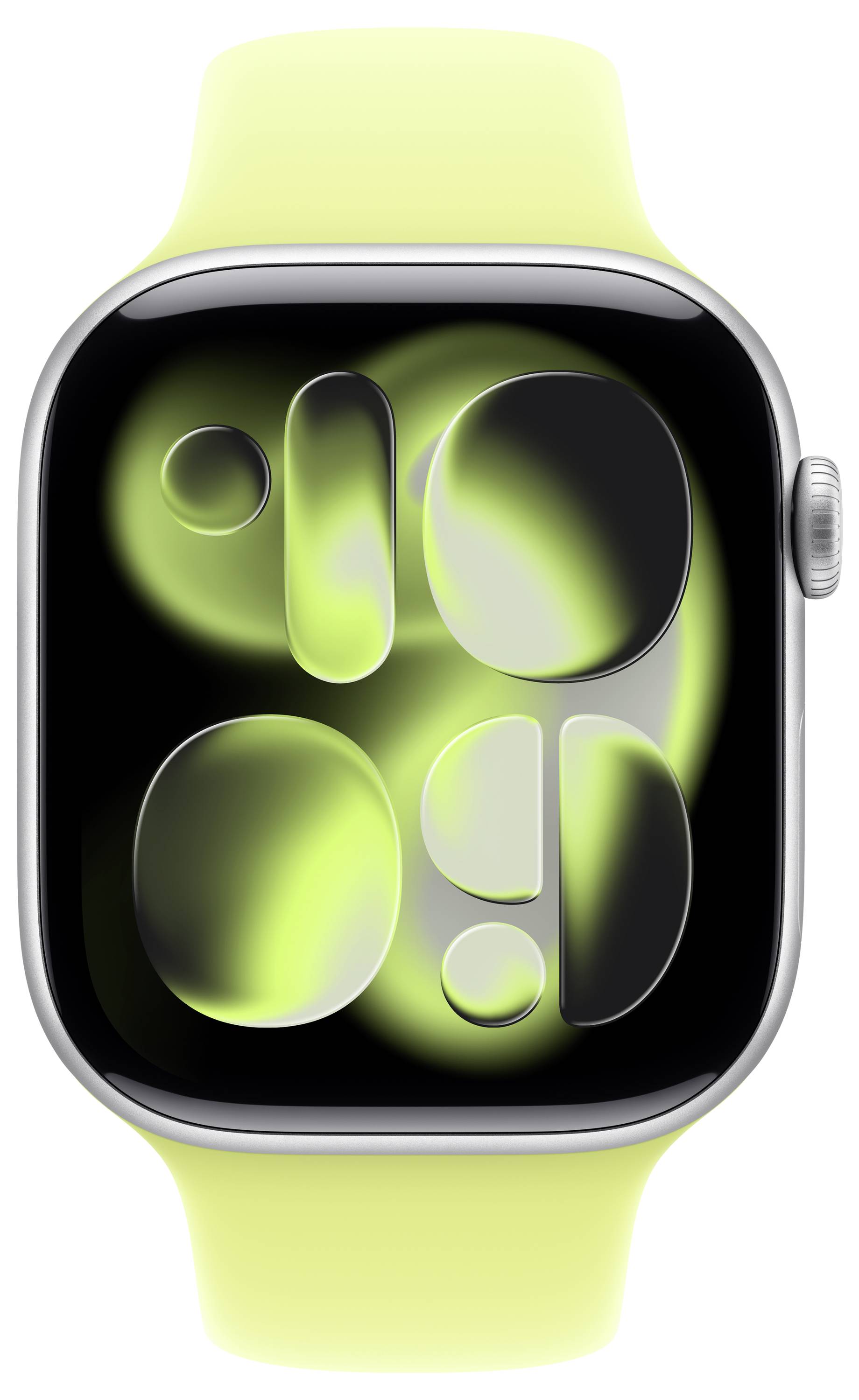 Eine Smartwatch mit einem neongelb-grünen Armband zeigt ein abstraktes Design aus schwarzen und neongrünen Formen auf ihrem Bildschirm.