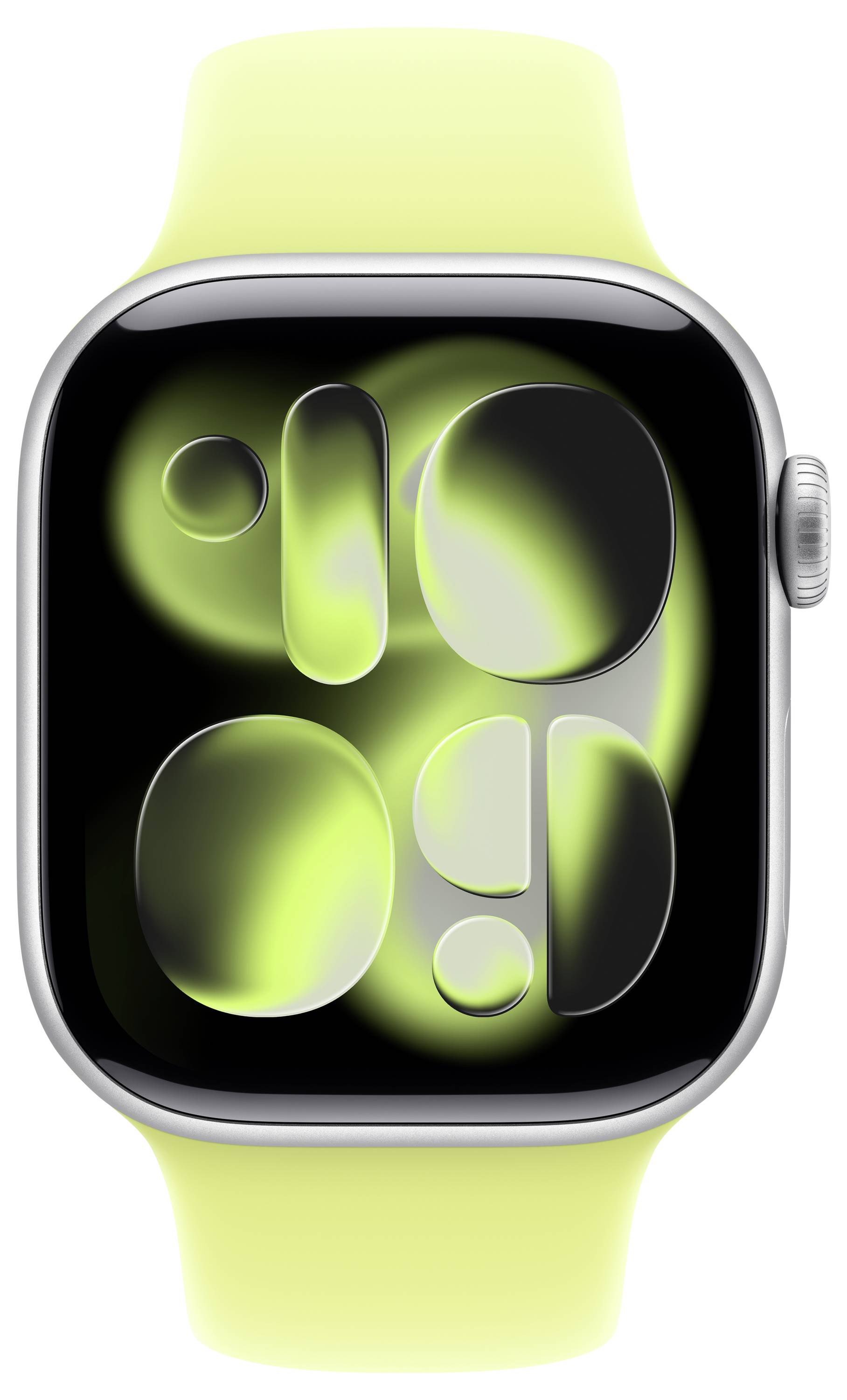 Eine Smartwatch mit einem neongrünen und schwarzen abstrakten digitalen Zifferblatt, das die aktuelle Uhrzeit mit fetten, kreisförmigen Zahlen anzeigt. Die Uhr verfügt über ein passendes grünes Armband.