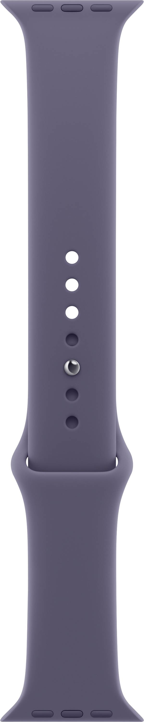 Eine dunkellila Smartwatch-Armband mit mehreren Einstellungslöchern und einer silbernen Schließe zum Befestigen.