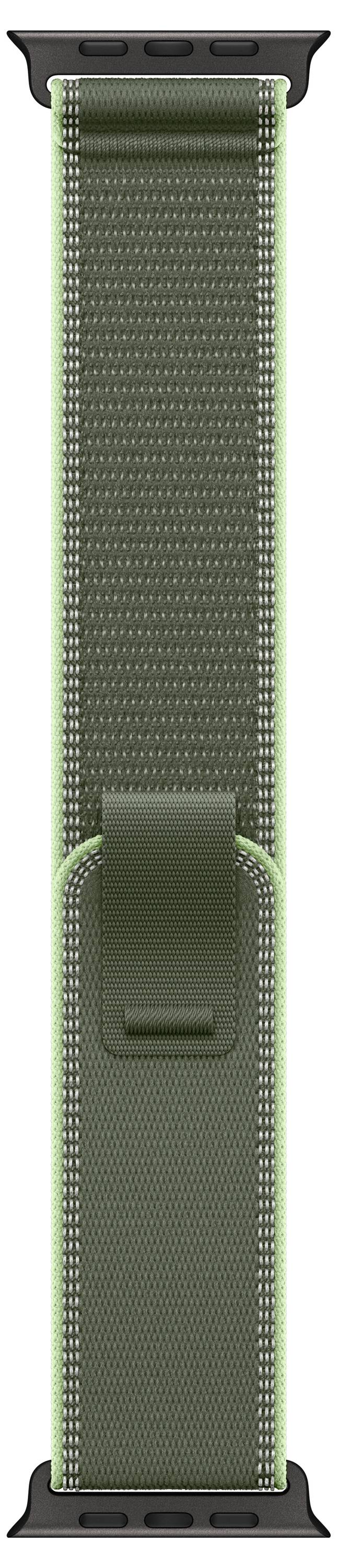 Grünes Stoffarmband mit schwarzer Beschlagung und Klettverschluss.