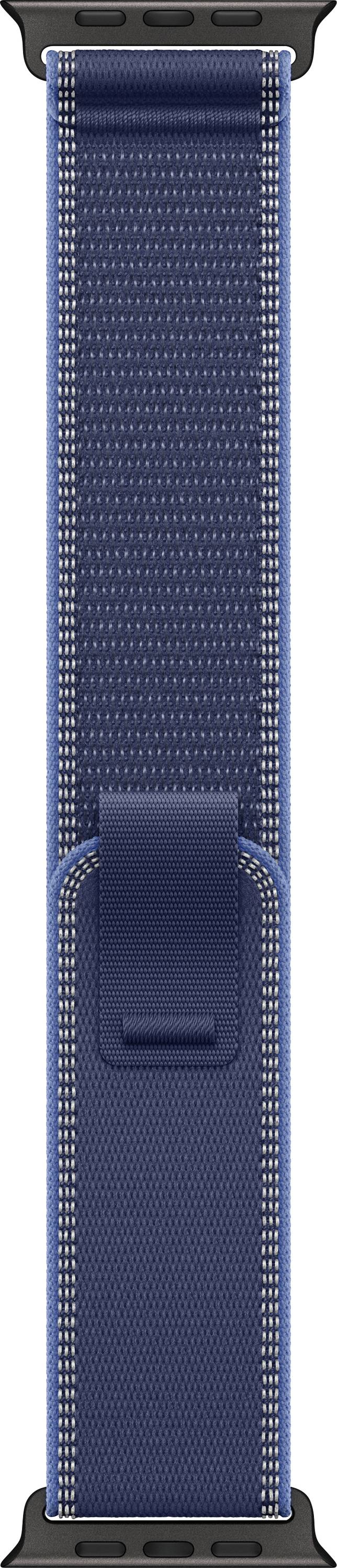 Eine Nahaufnahme eines blauen Uhrenarmbands mit detaillierter Naht und einem sicheren Verschluss, das für Komfort und Stil in tragbarer Technologie konzipiert ist.