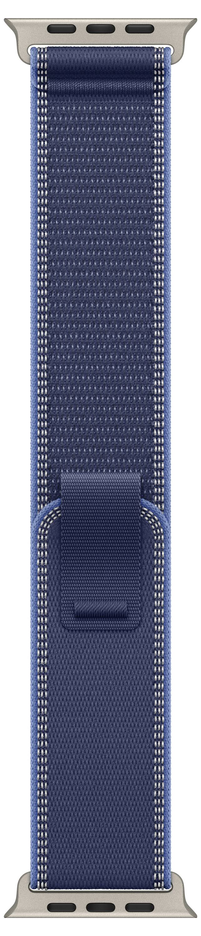 Eine Nahaufnahme eines blauen gewebten Smartwatch-Armbands mit einer strukturierten Oberfläche und einem verstellbaren Verbinder am Verschlussende.