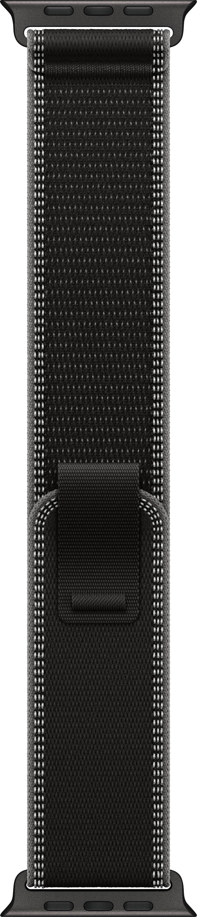 Ein schwarzes und graues gewebtes Nylonarmband mit Schlaufenverschluss und abgesteppten Kanten.