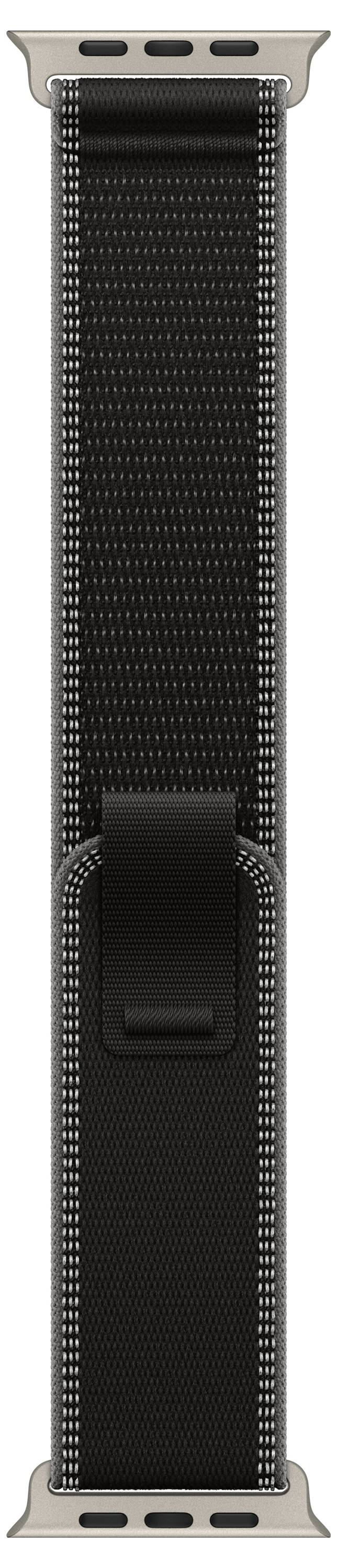 Schwarzes gewebtes Uhrenarmband mit grauer Ziersteppnaht, gerade Ansicht, Metallverbinder an beiden Enden, zentrale Klettverschluss-Befestigung.