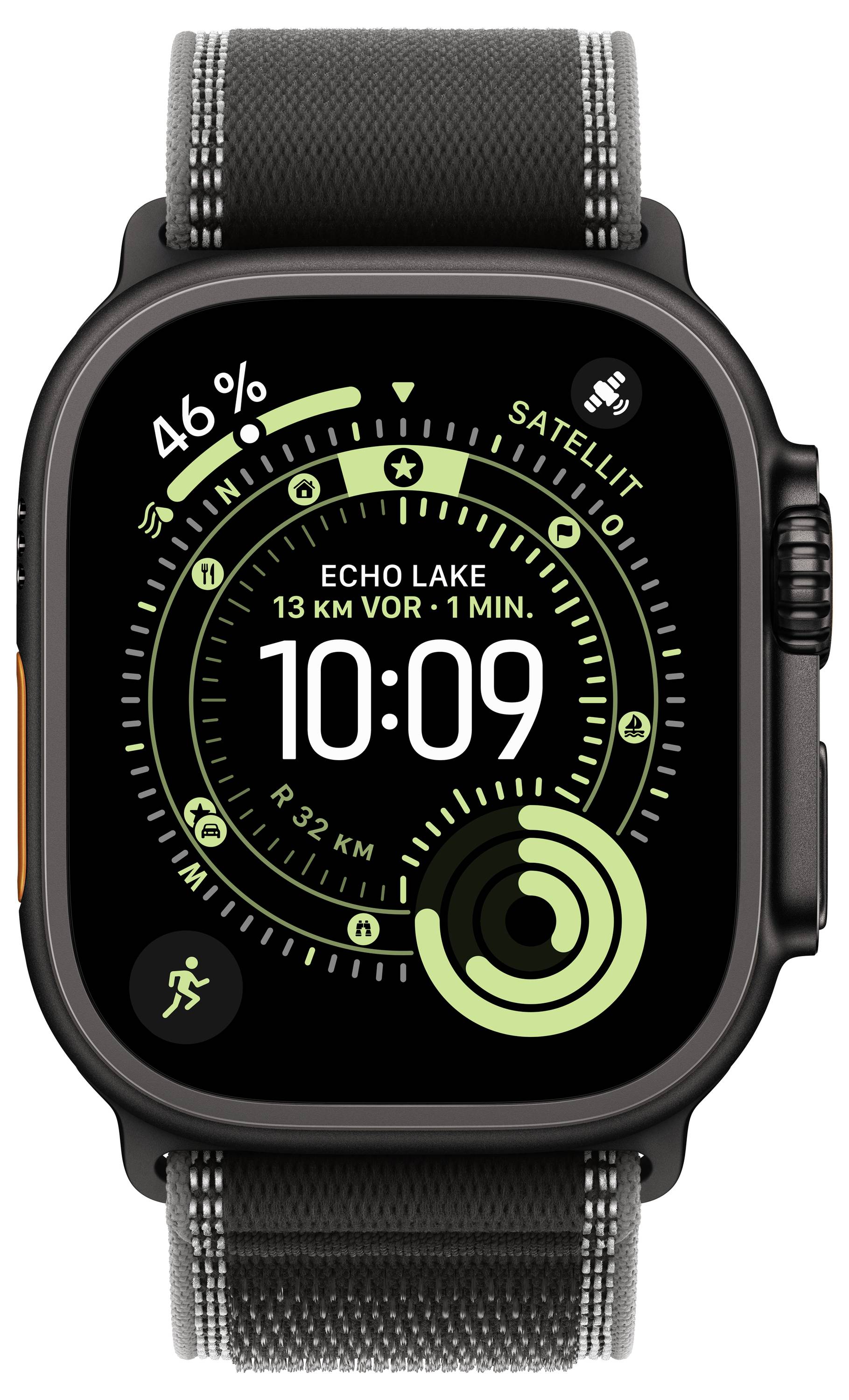 Smartwatch zeigt eine Fitness-Oberfläche mit der Uhrzeit '10:09', GPS-Navigation, Trainingsfortschritt, Akkuladestand von 46% und einem Satellitensymbol.